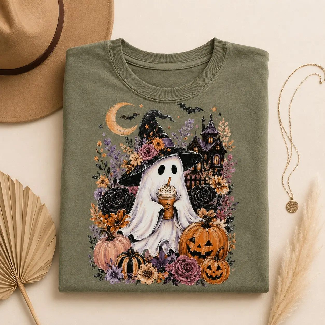 Whimsigothic Coffee Ghost Shirt, Spooky Season Witch Retro Fall Pumpkin Graphic Tee - photo 3