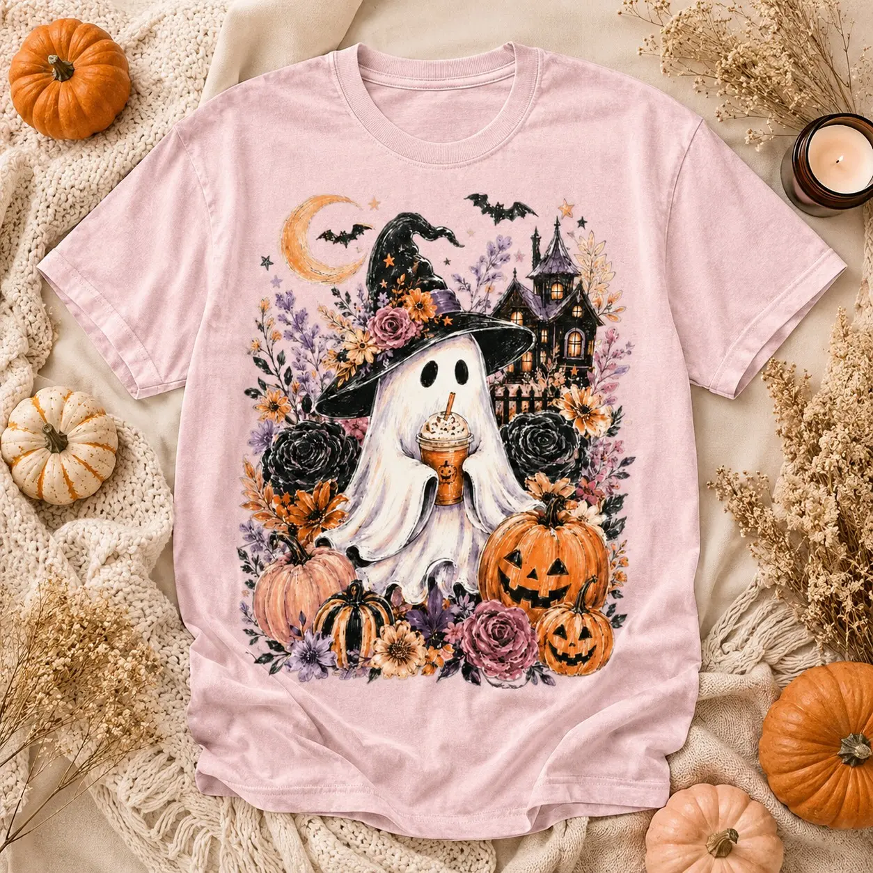 Whimsigothic Coffee Ghost Shirt, Spooky Season Witch Retro Fall Pumpkin Graphic Tee - photo 4