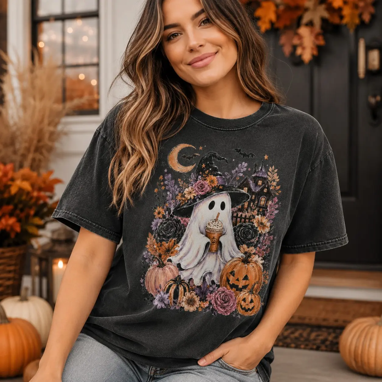 Whimsigothic Coffee Ghost Shirt, Spooky Season Witch Retro Fall Pumpkin Graphic Tee - photo 5