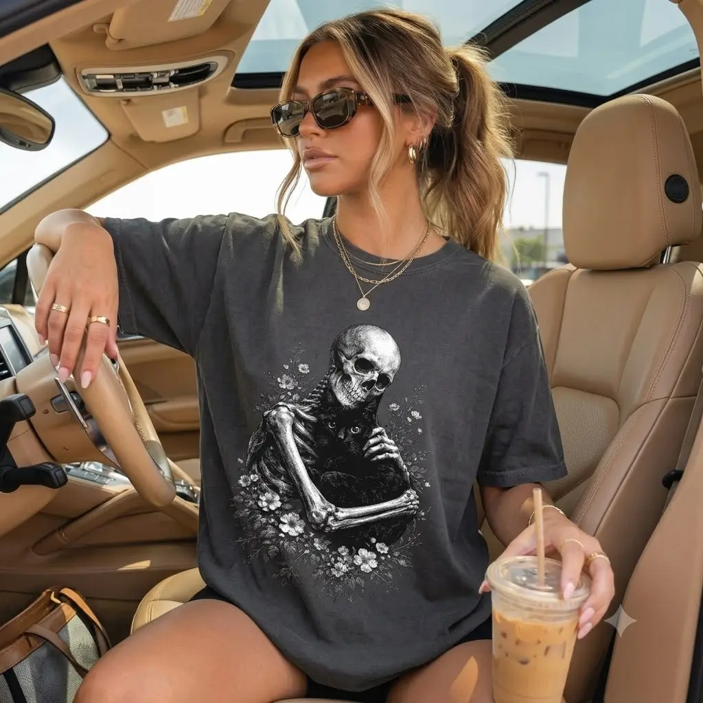 Comfort Colors Whimsigothic Skeleton Black Cat Lover Shirt, Floral Vintage Spooky Dark Academia Graphic Tee