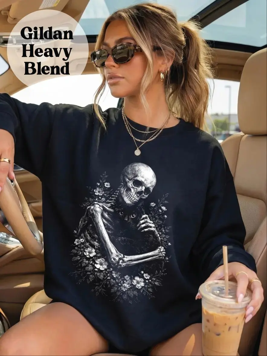 Comfort Colors Whimsigothic Skeleton Black Cat Lover Shirt, Floral Vintage Spooky Dark Academia Graphic Tee - photo 2