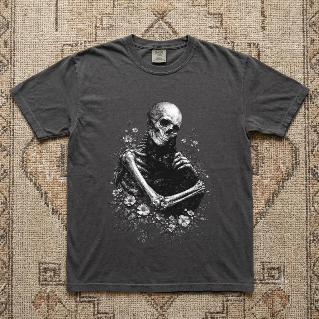 Comfort Colors Whimsigothic Skeleton Black Cat Lover Shirt, Floral Vintage Spooky Dark Academia Graphic Tee - photo 3