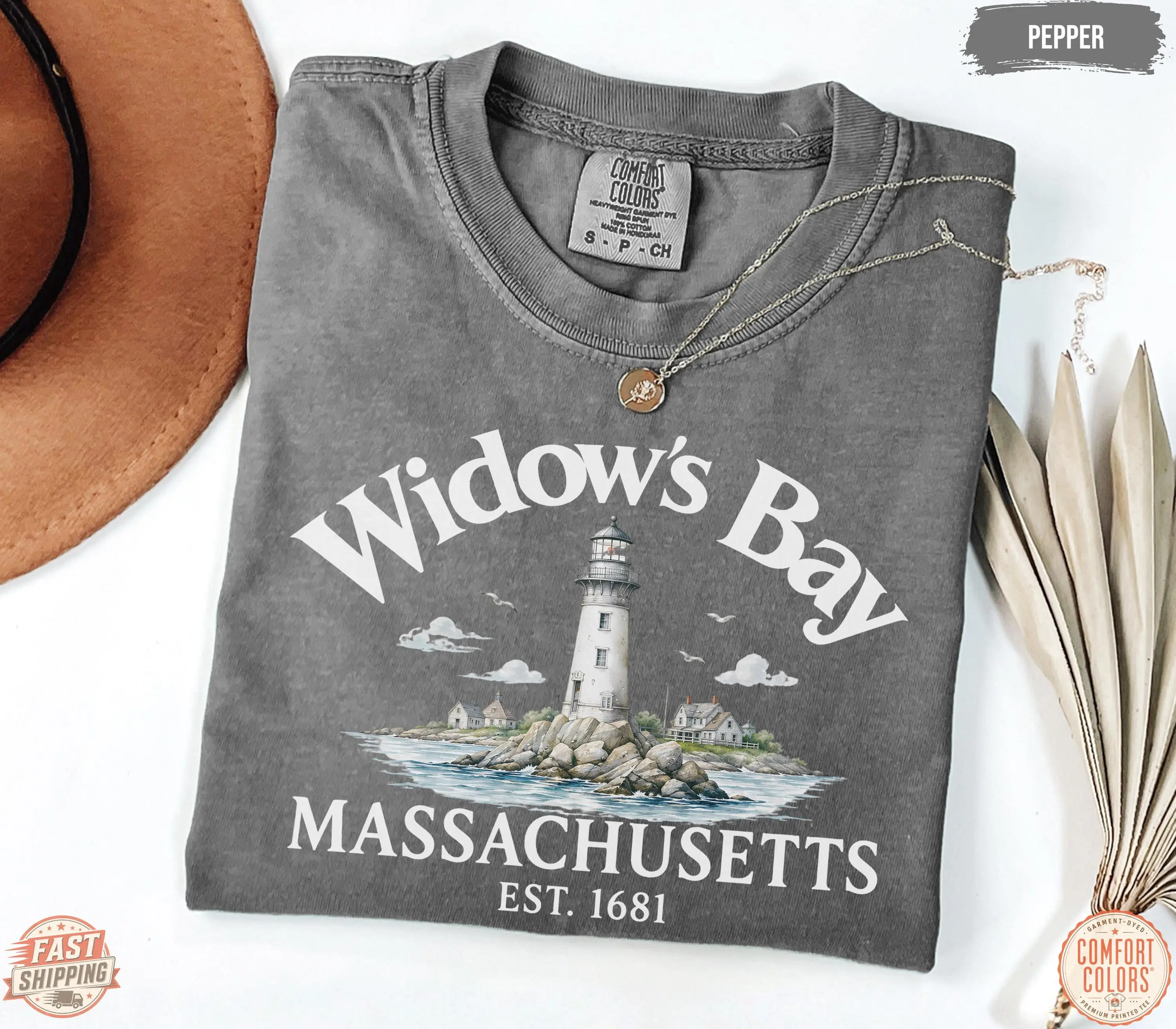 Comfort Colors Widow's Bay Shirt, Vintage Massachusetts Lighthouse New England Horror Fan Tee - photo 2