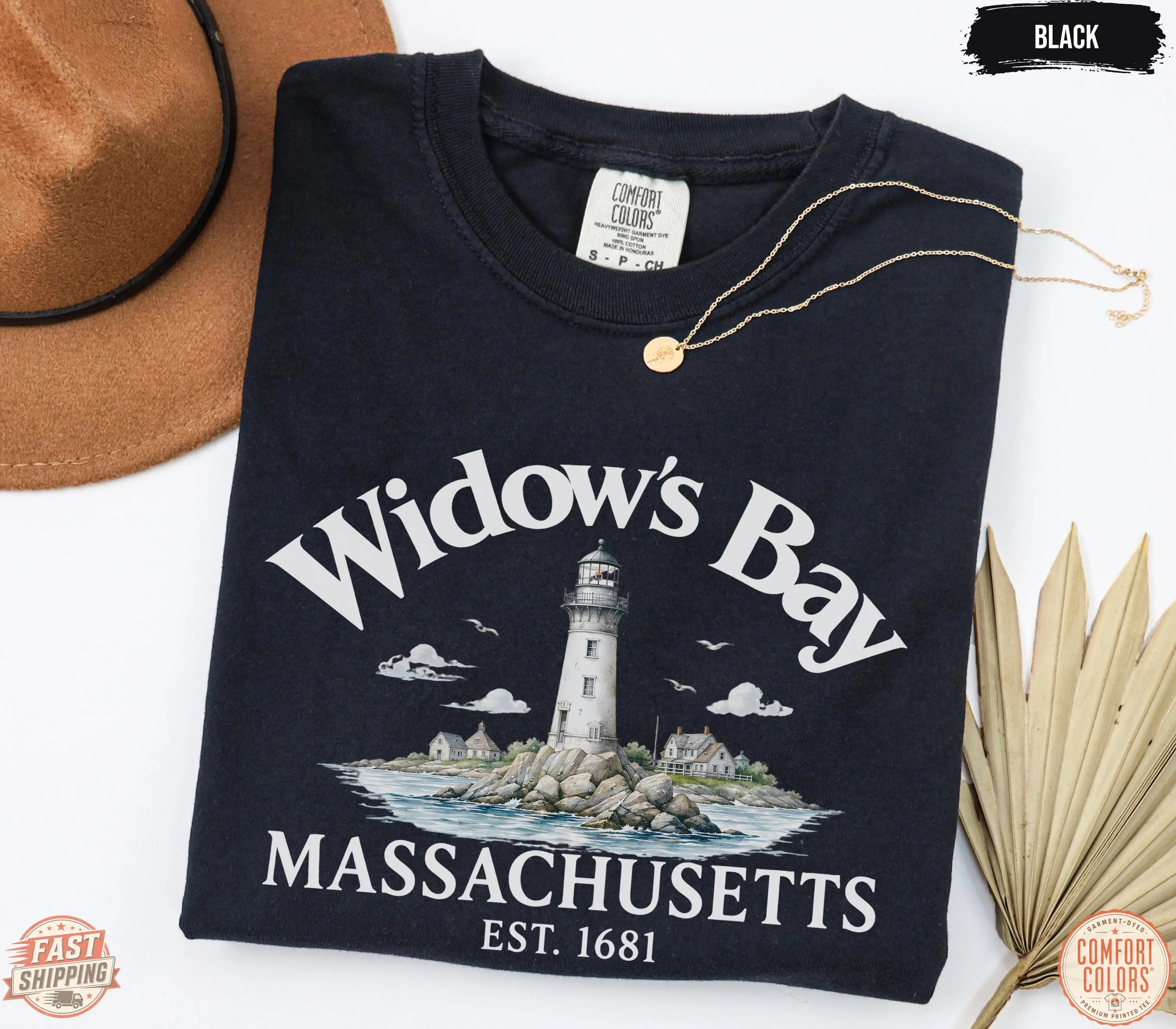 Comfort Colors Widow's Bay Shirt, Vintage Massachusetts Lighthouse New England Horror Fan Tee - photo 4