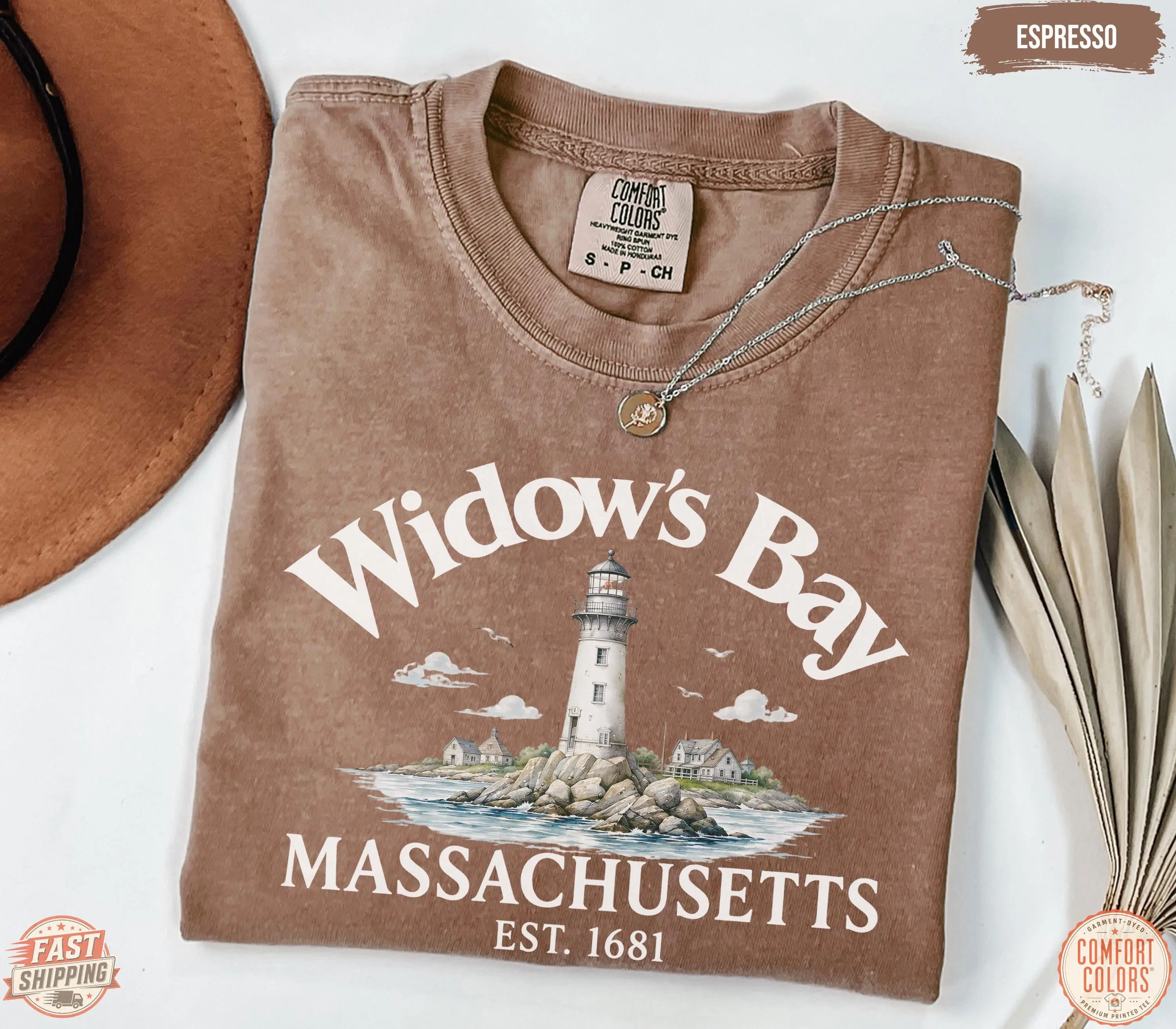 Comfort Colors Widow's Bay Shirt, Vintage Massachusetts Lighthouse New England Horror Fan Tee - photo 5