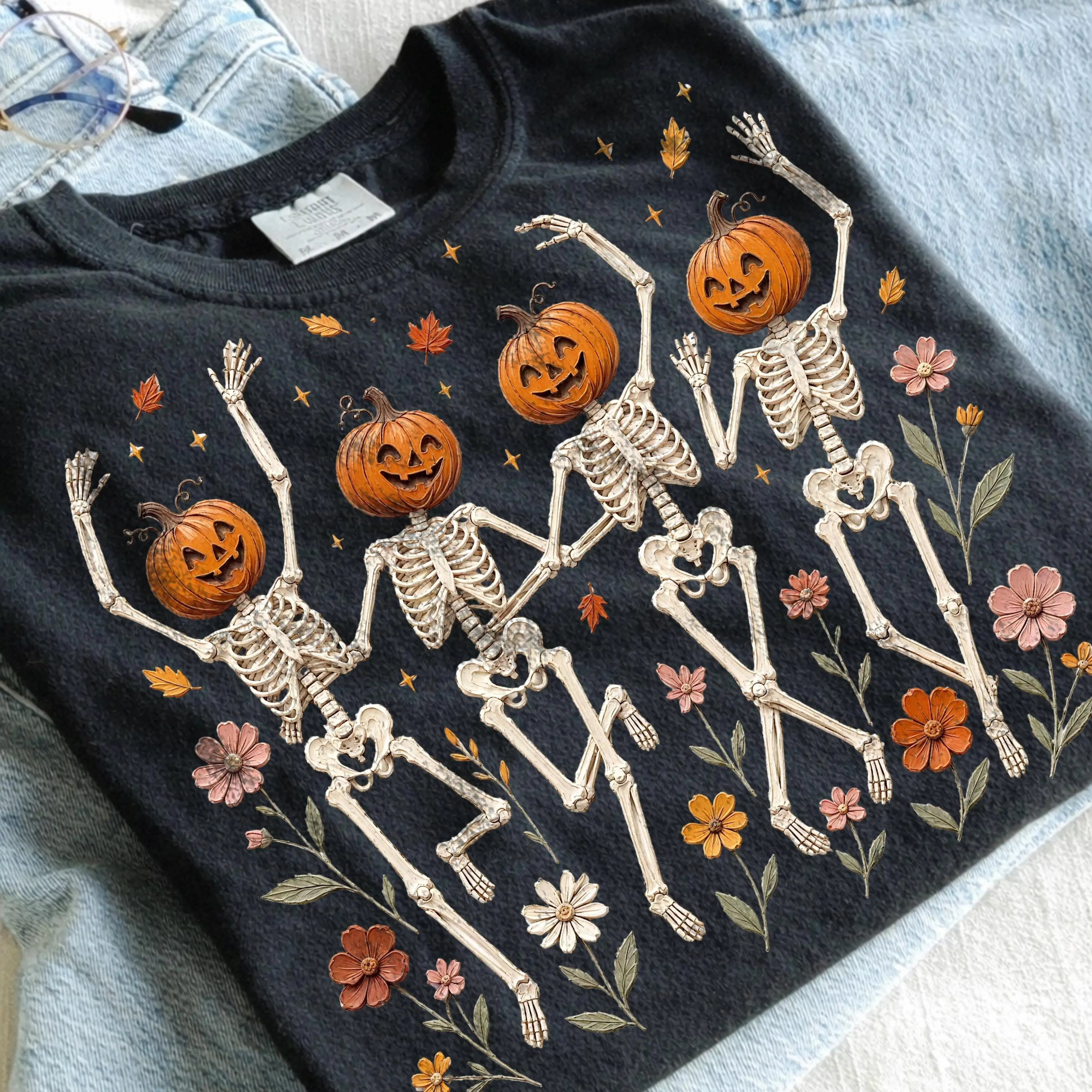 Wildflower Skeleton Hoodie, Spooky Floral Botanical Pullover, Preppy Halloween Season Sublimation