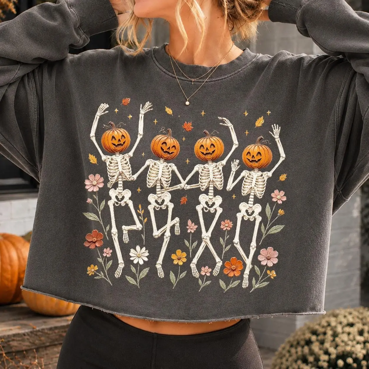 Wildflower Skeleton Hoodie, Spooky Floral Botanical Pullover, Preppy Halloween Season Sublimation - photo 2
