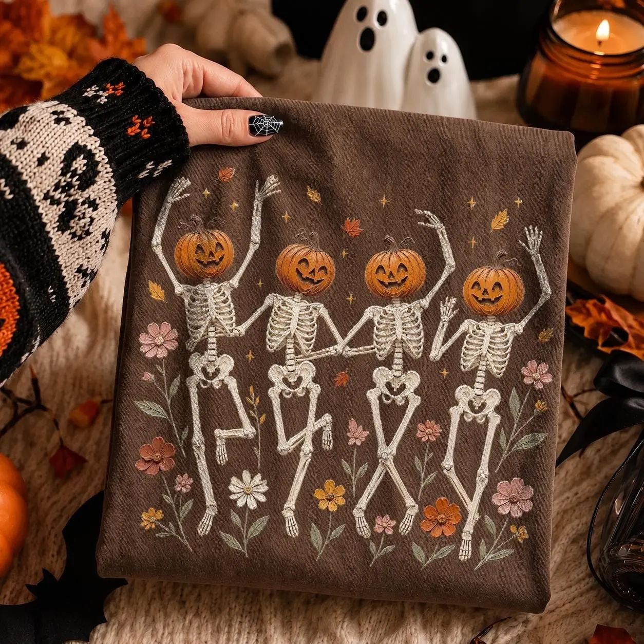Wildflower Skeleton Shirt, Spooky Floral Botanical Tee, Preppy Halloween Season Sublimation - photo 5