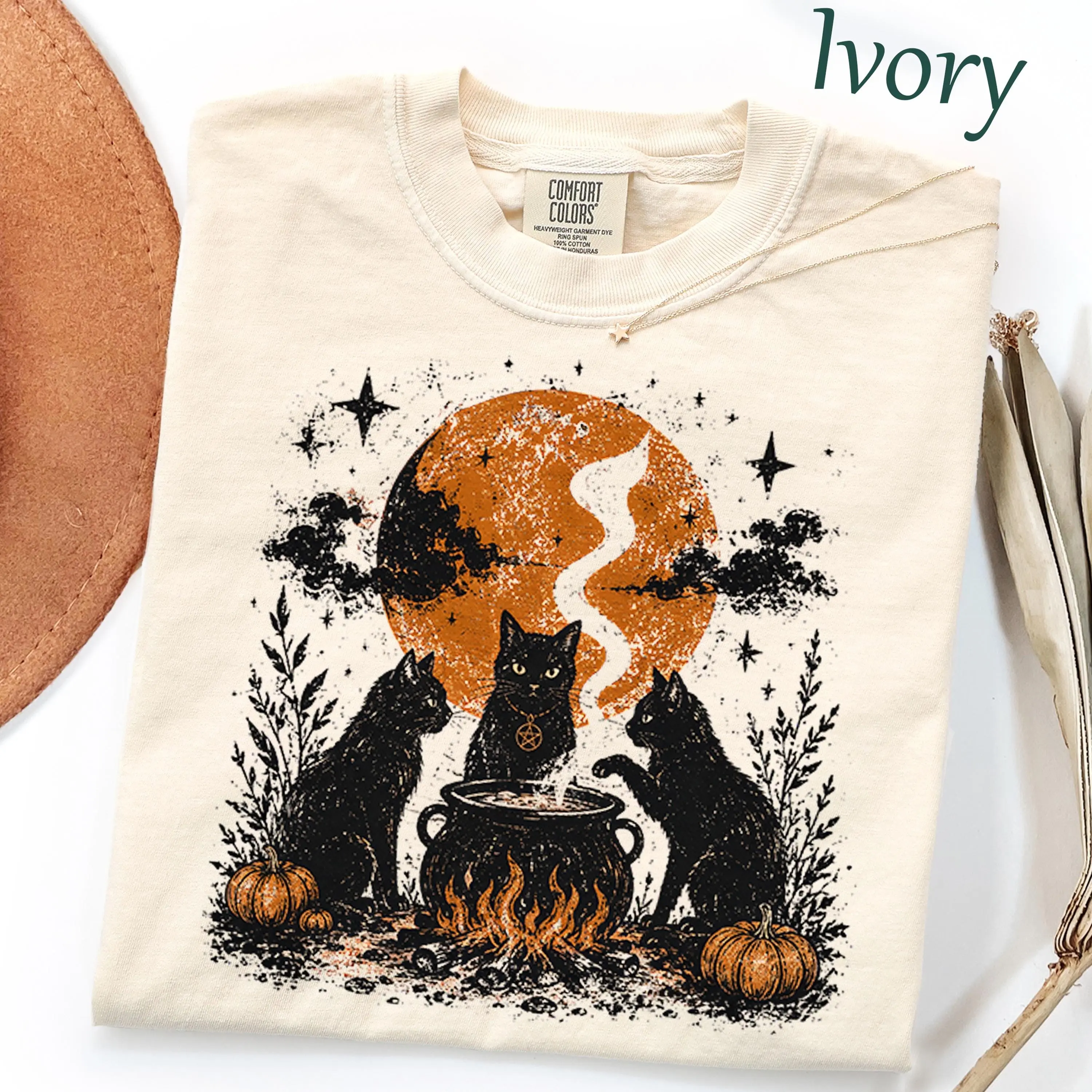 Comfort Colors Witch Cat Coven Halloween Shirt, Black Cauldron Moon Pumpkin Gothic Kitty Lover Tee