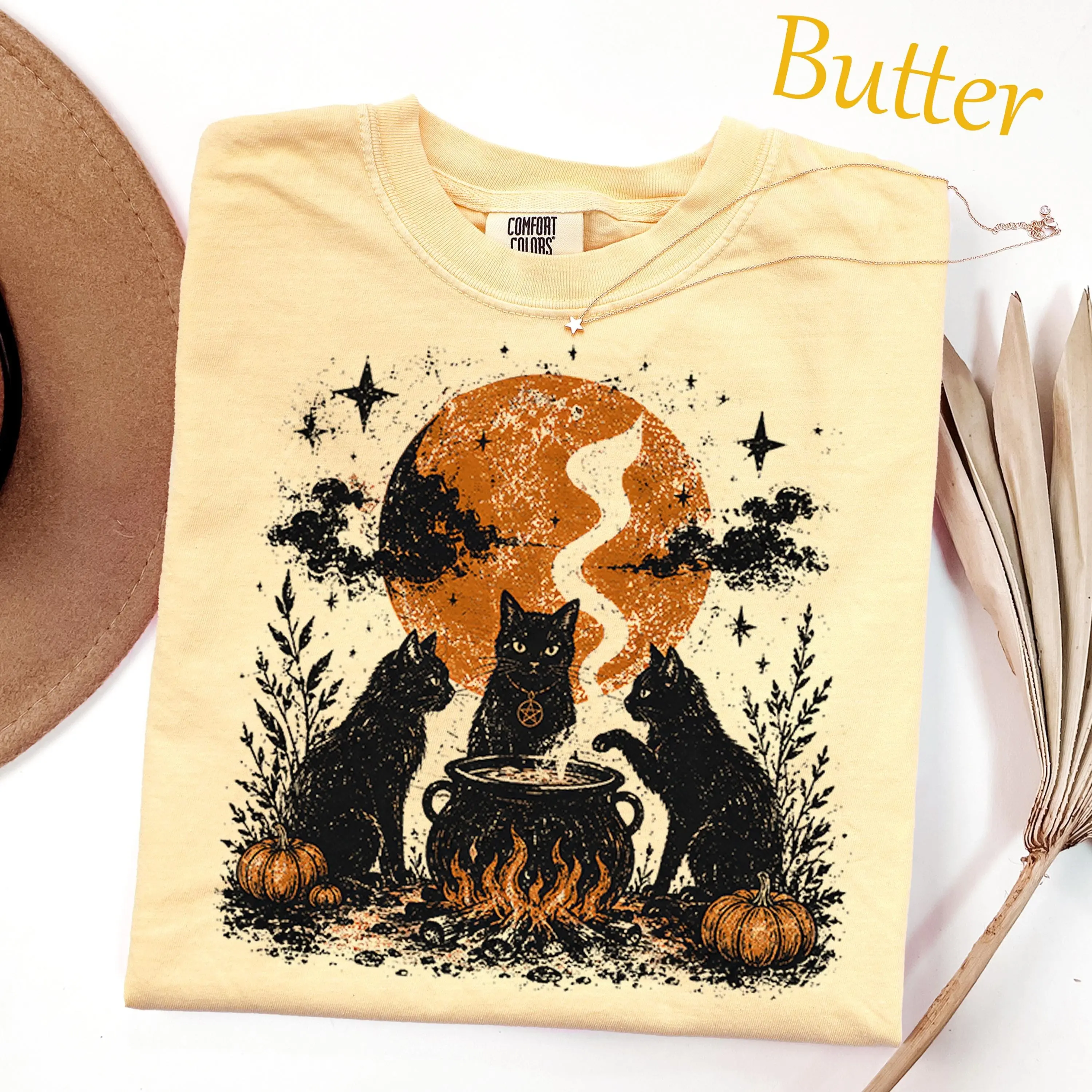 Comfort Colors Witch Cat Coven Halloween Shirt, Black Cauldron Moon Pumpkin Gothic Kitty Lover Tee - photo 2