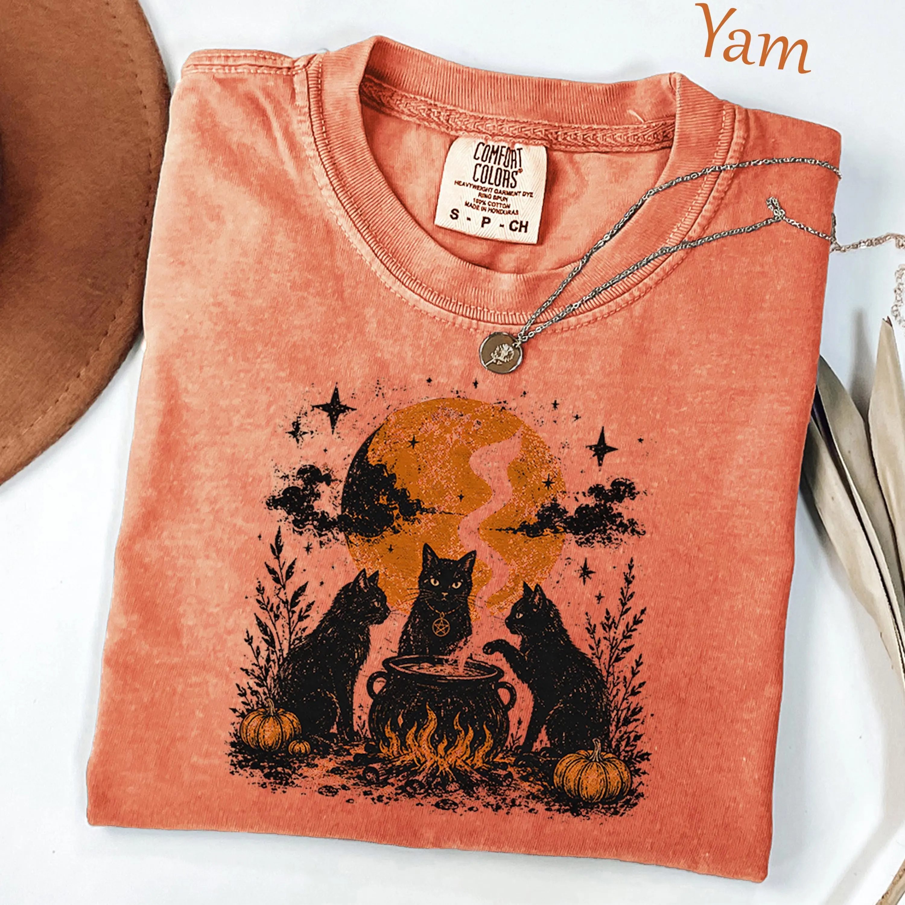 Comfort Colors Witch Cat Coven Halloween Shirt, Black Cauldron Moon Pumpkin Gothic Kitty Lover Tee - photo 3