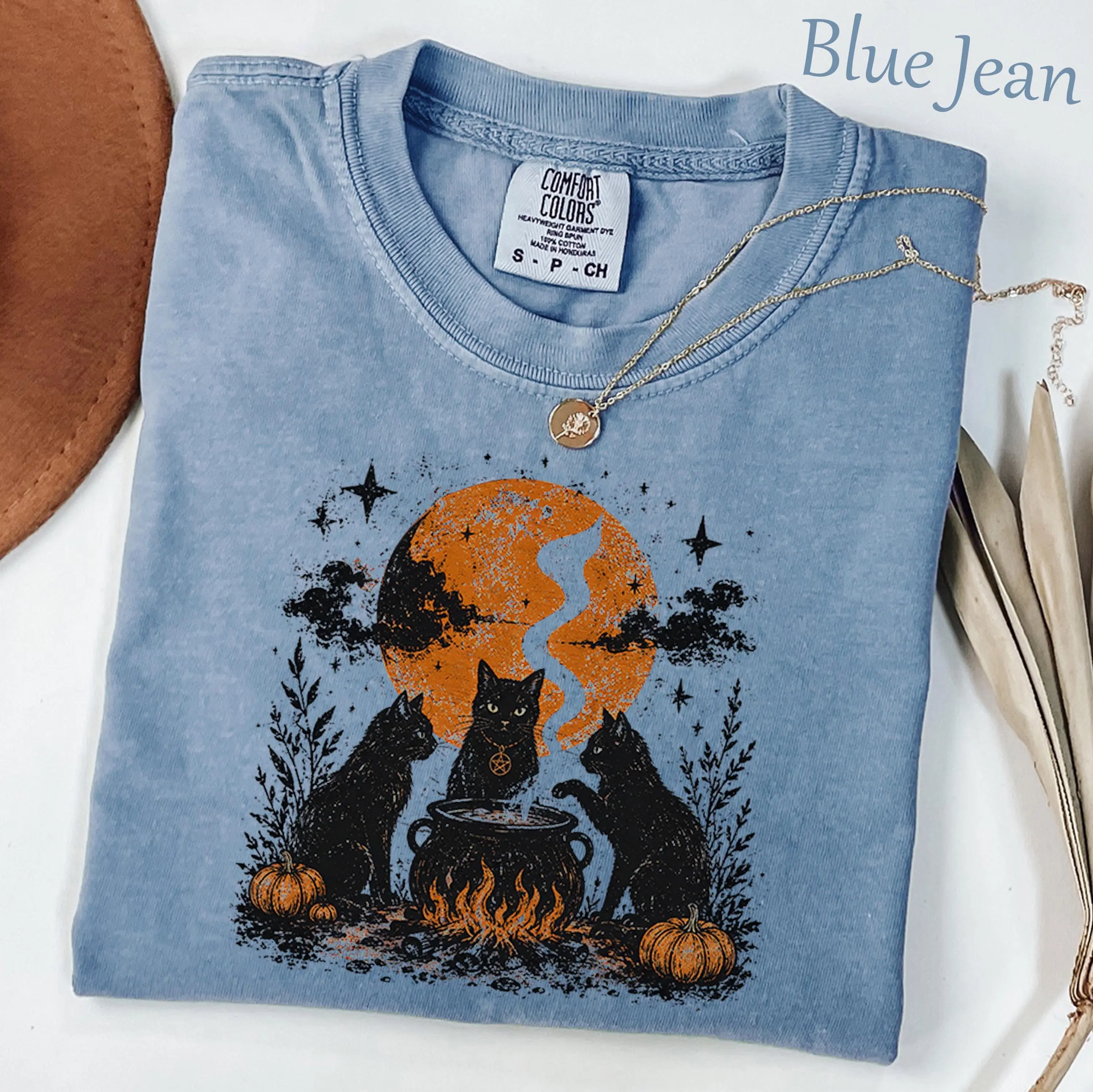 Comfort Colors Witch Cat Coven Halloween Shirt, Black Cauldron Moon Pumpkin Gothic Kitty Lover Tee - photo 4