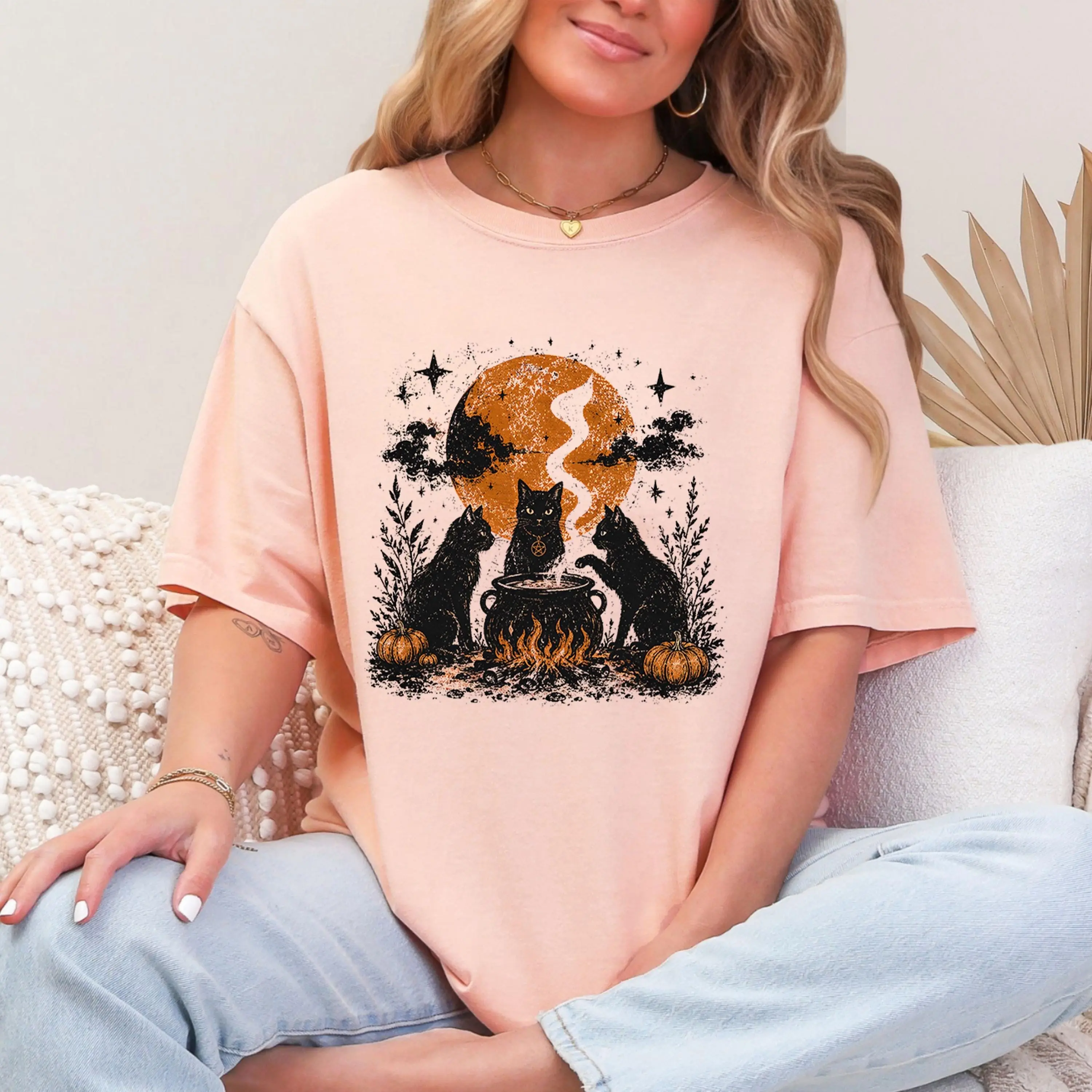 Comfort Colors Witch Cat Coven Halloween Shirt, Black Cauldron Moon Pumpkin Gothic Kitty Lover Tee - photo 5