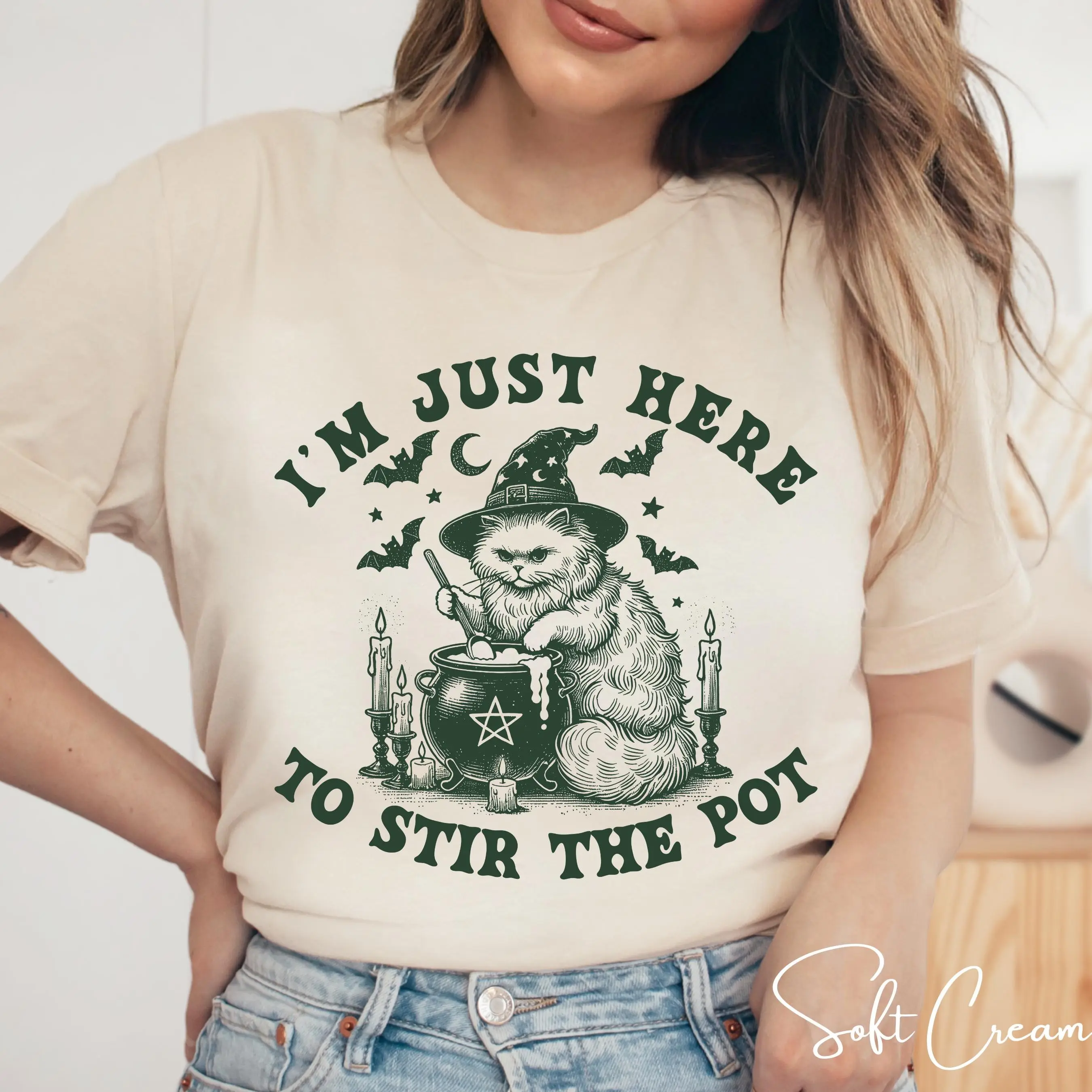 Witch Cat Stirring Cauldron Shirt, Halloween Spooky Cat Tee, Bella Canvas Unisex T-Shirt