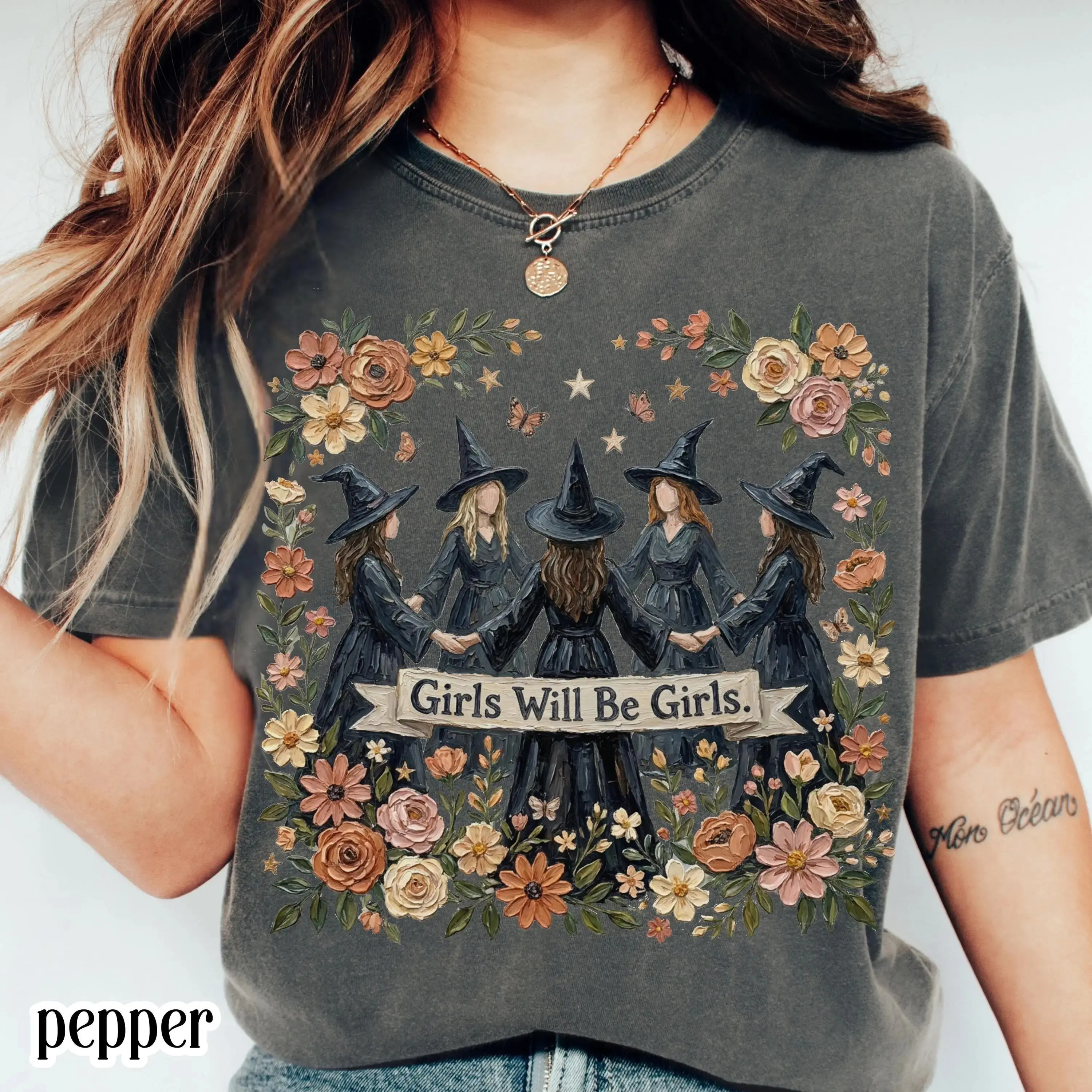 Comfort Colors Witch Halloween Shirt, Floral Boho Vintage Salem Spell Funny Spooky Season Graphic Tee - photo 2