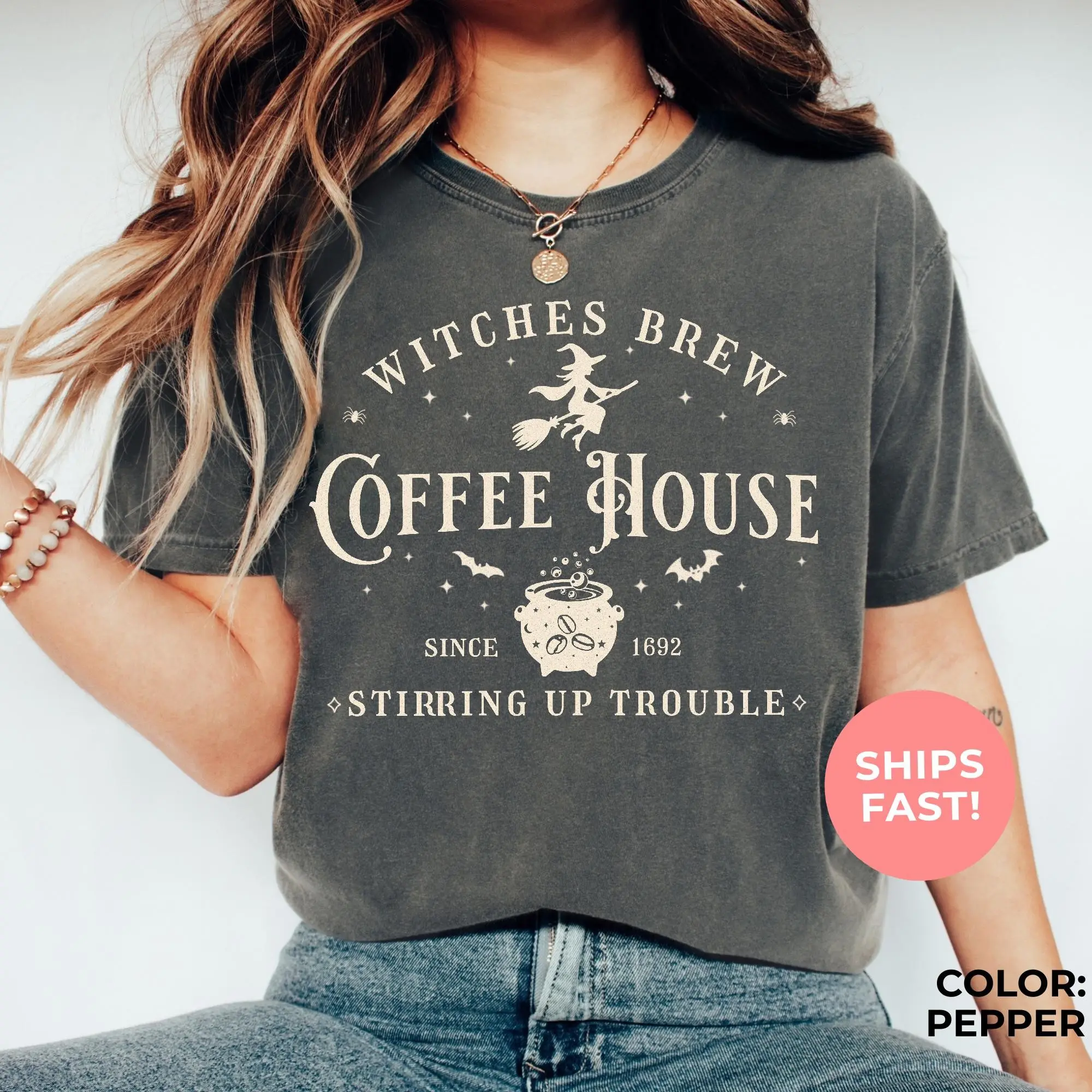 Comfort Colors Witches Brew Coffee House Shirt, Vintage Retro Halloween Graphic Tee, Witch Latte Lover Womens Fall Autumn Top - photo 3