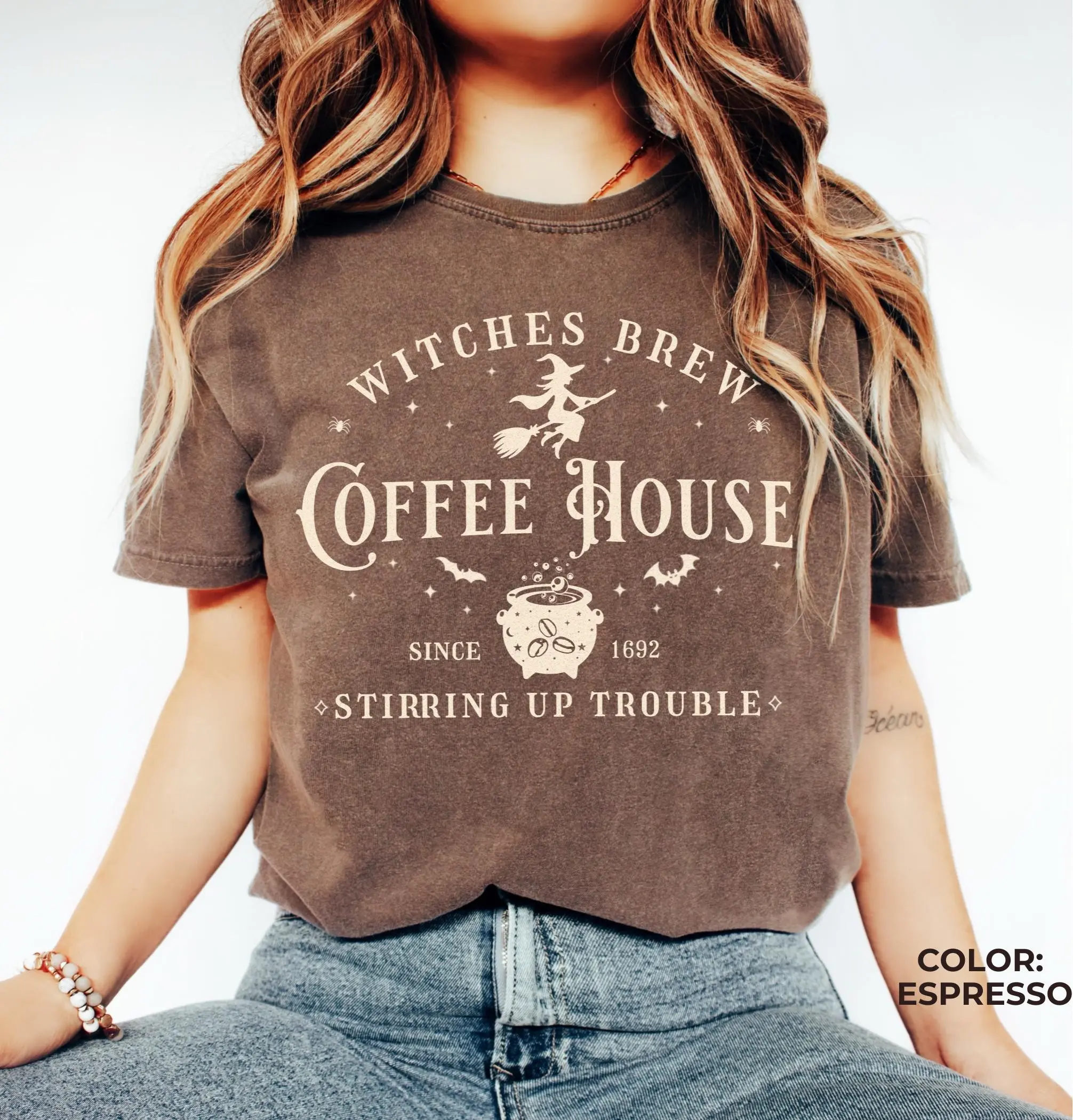 Comfort Colors Witches Brew Coffee House Sweatshirt, Vintage Retro Halloween Graphic Top, Witch Latte Lover Fall Autumn Gift