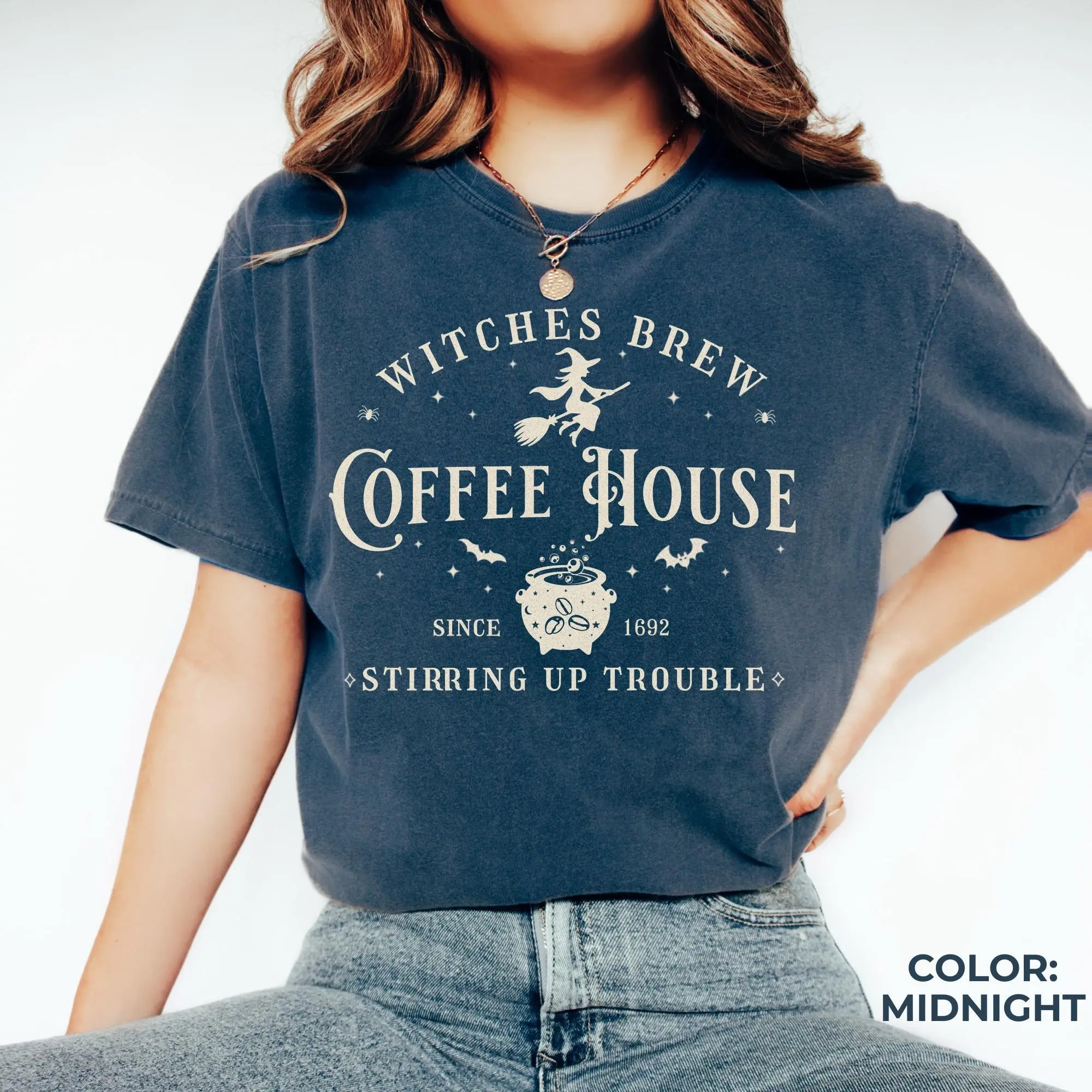 Comfort Colors Witches Brew Coffee House Sweatshirt, Vintage Retro Halloween Graphic Top, Witch Latte Lover Fall Autumn Gift - photo 2
