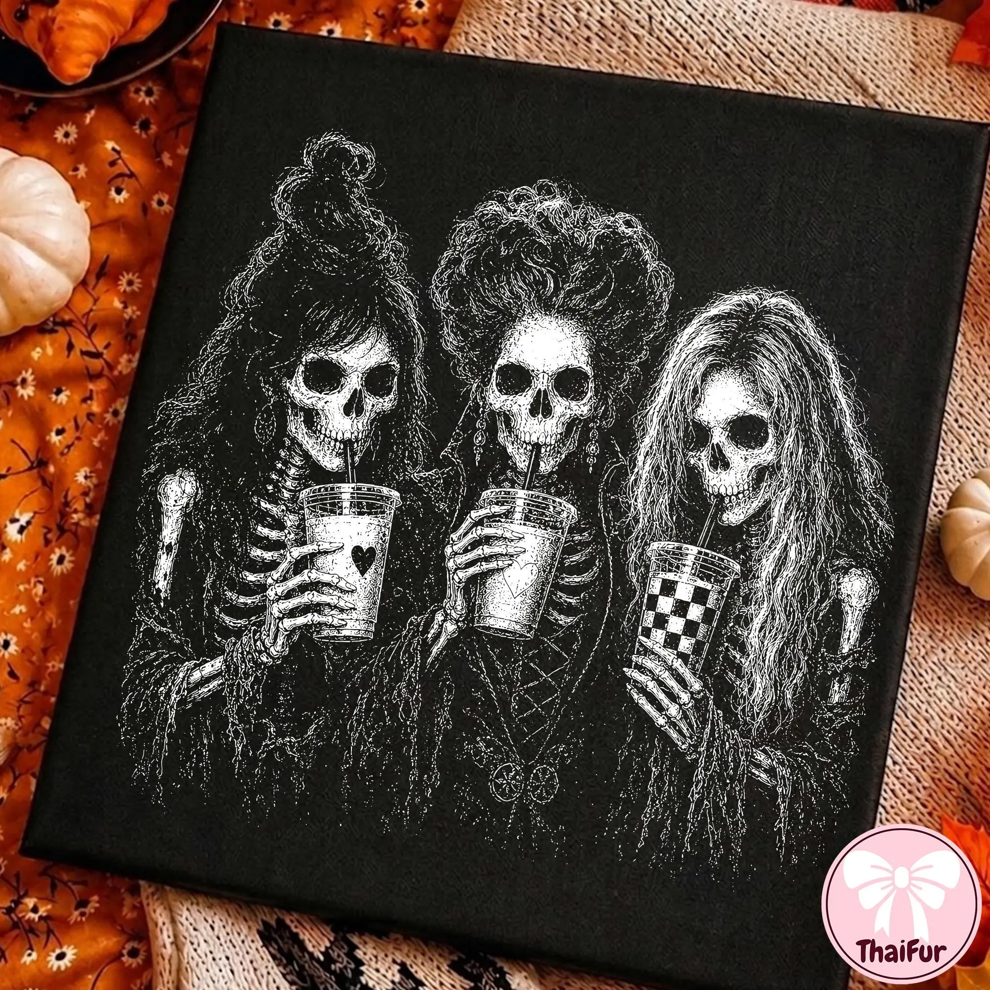 Comfort Colors Witches Halloween T-Shirt, Iced Coffee Characters Spooky Graphic Tee