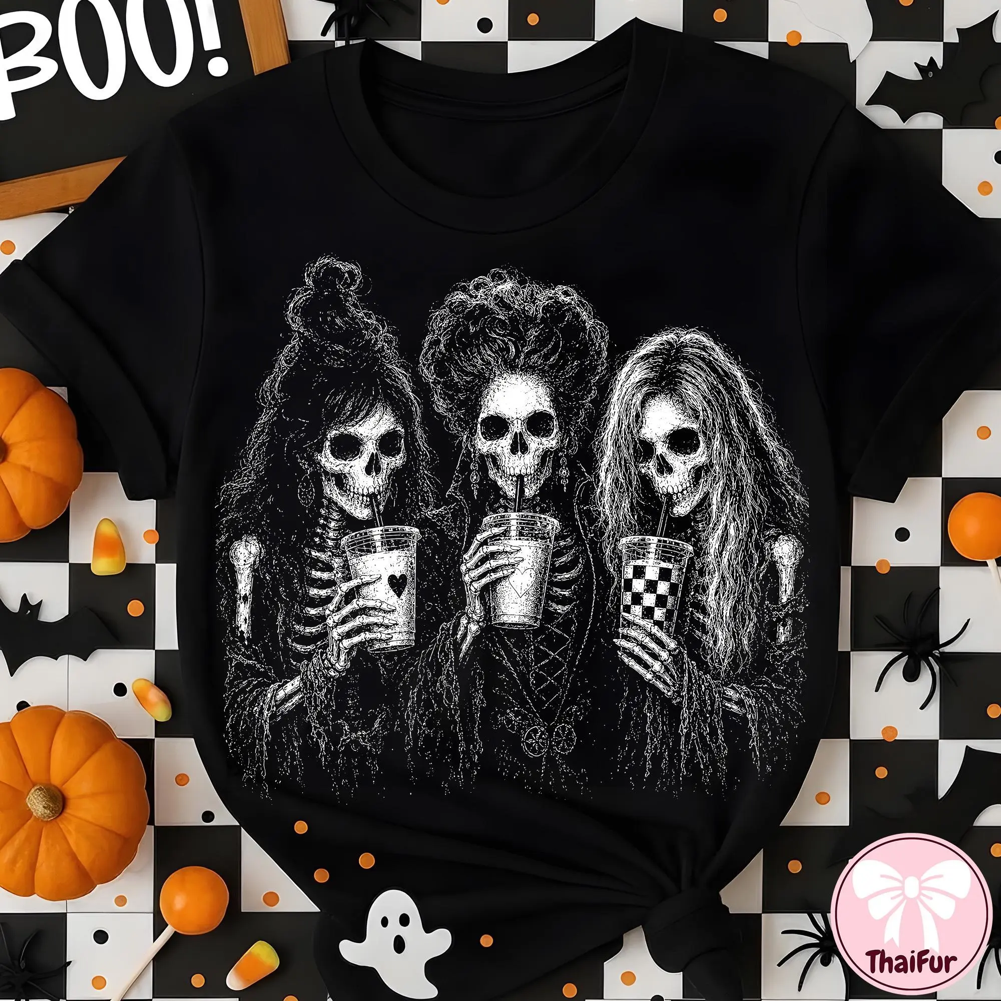 Comfort Colors Witches Halloween T-Shirt, Iced Coffee Characters Spooky Graphic Tee - photo 2