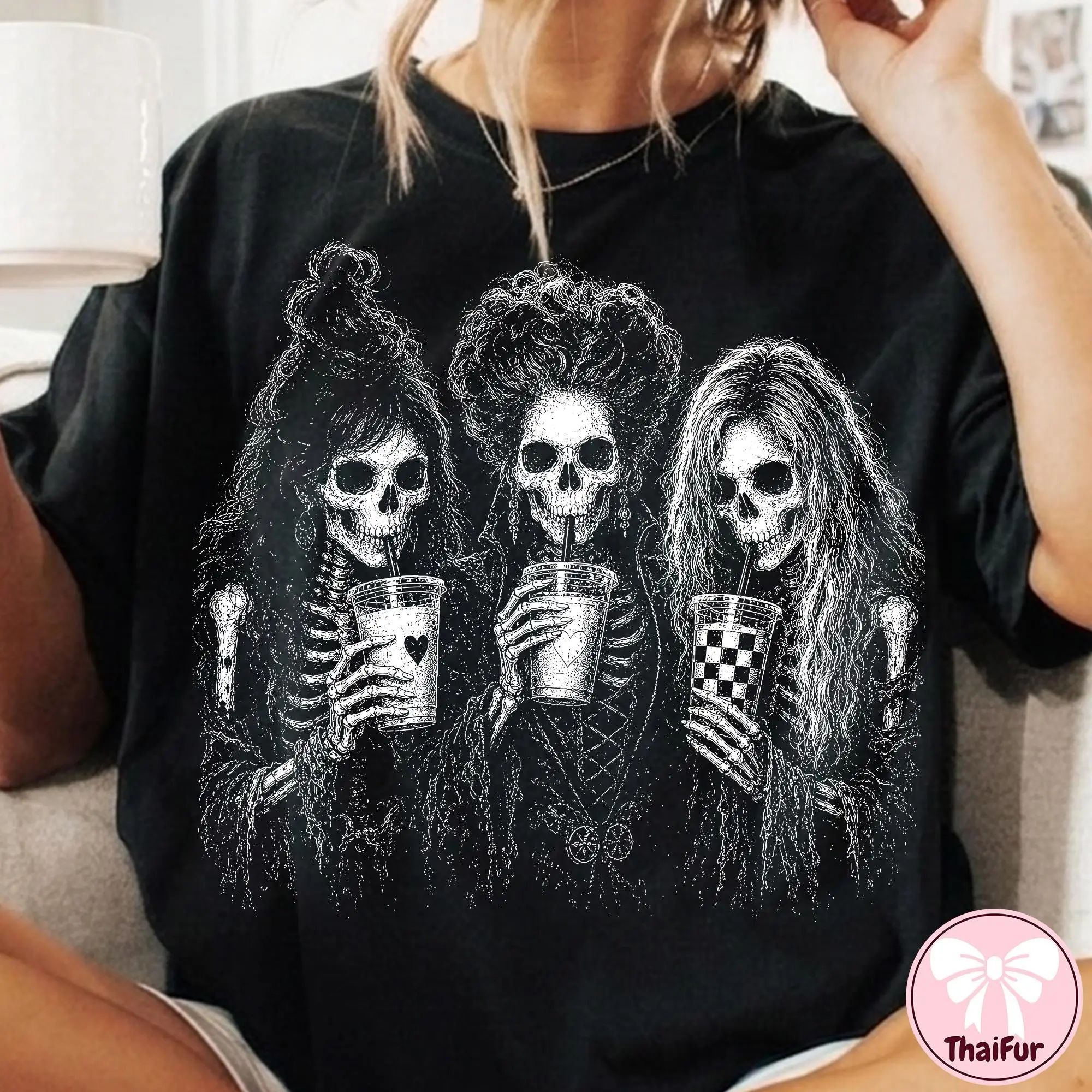 Comfort Colors Witches Halloween T-Shirt, Iced Coffee Characters Spooky Graphic Tee - photo 3