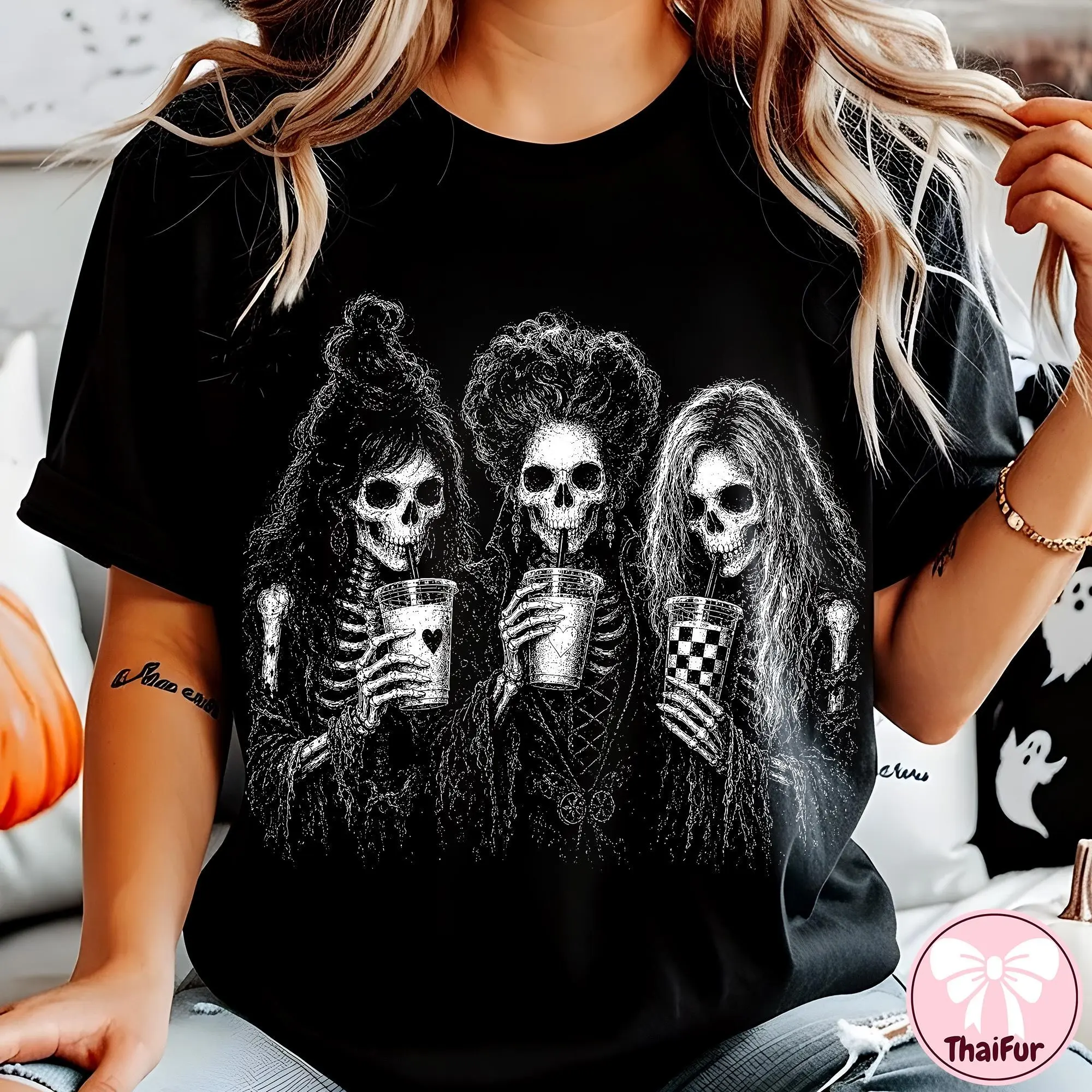 Comfort Colors Witches Halloween T-Shirt, Iced Coffee Characters Spooky Graphic Tee - photo 5