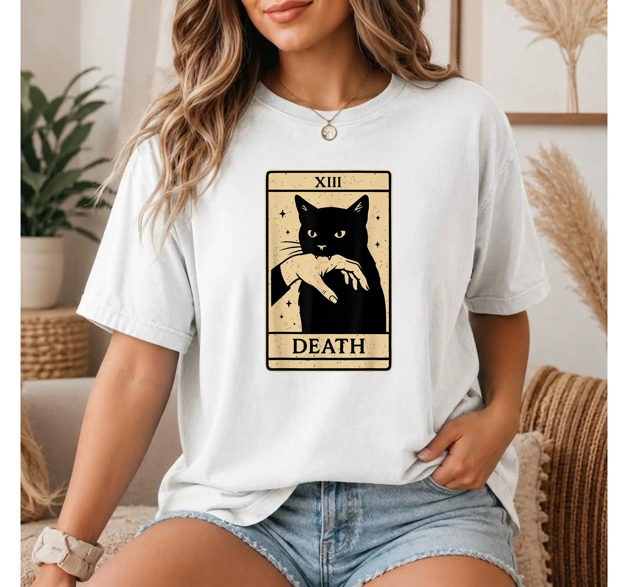 Witchy Black Cat Death Tarot Card Shirt, Spooky Occult Goth Graphic Tee