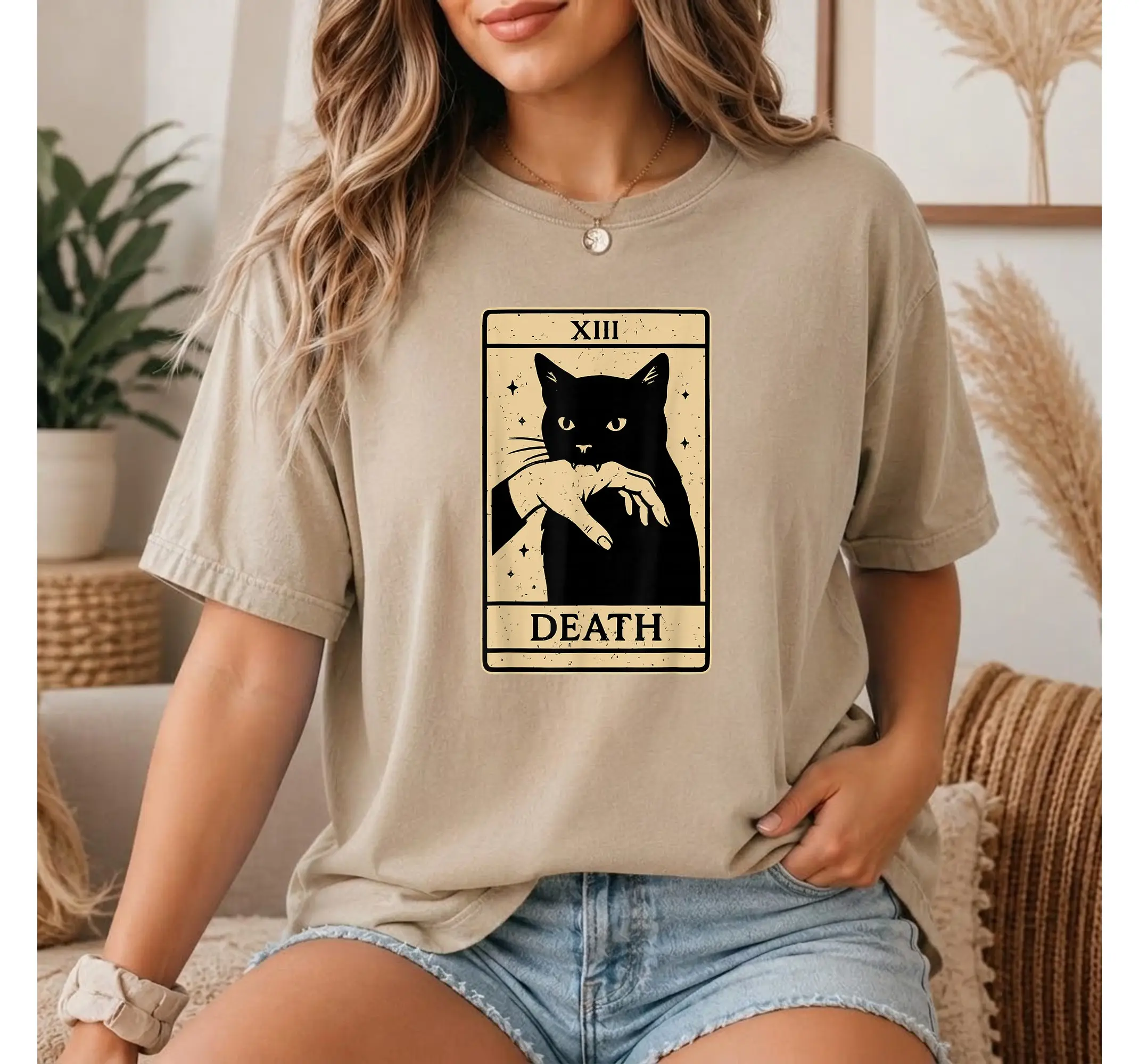 Witchy Black Cat Death Tarot Card Shirt, Spooky Occult Goth Graphic Tee - photo 2