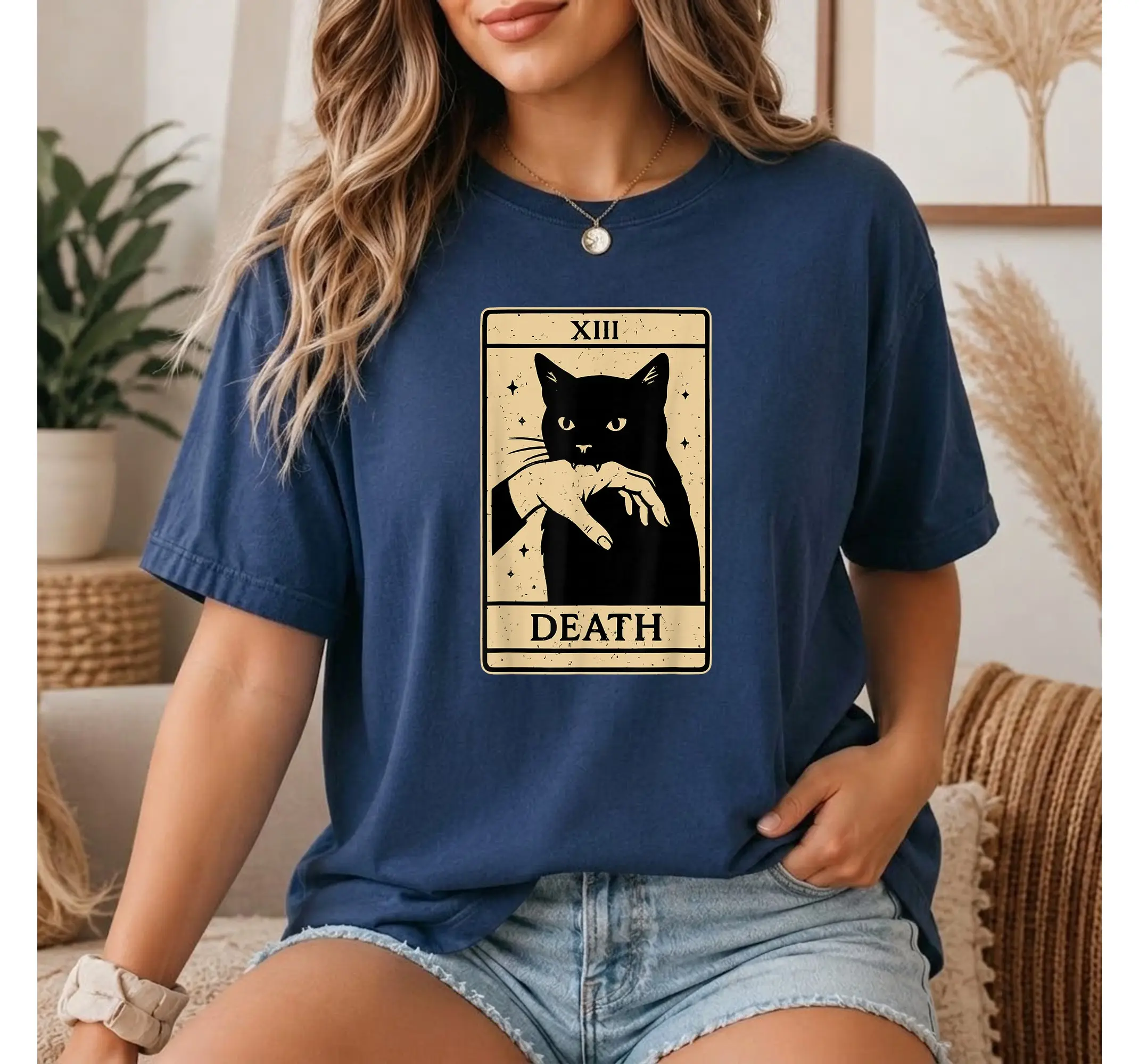 Witchy Black Cat Death Tarot Card Shirt, Spooky Occult Goth Graphic Tee - photo 3
