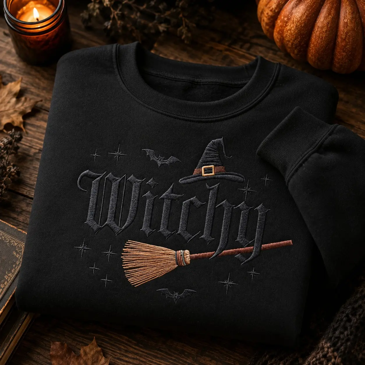 Witchy Broomstick Hat Embroidery Women Hoodie for Halloween, Vintage Spooky Autumn Pullover Wiccan Gift