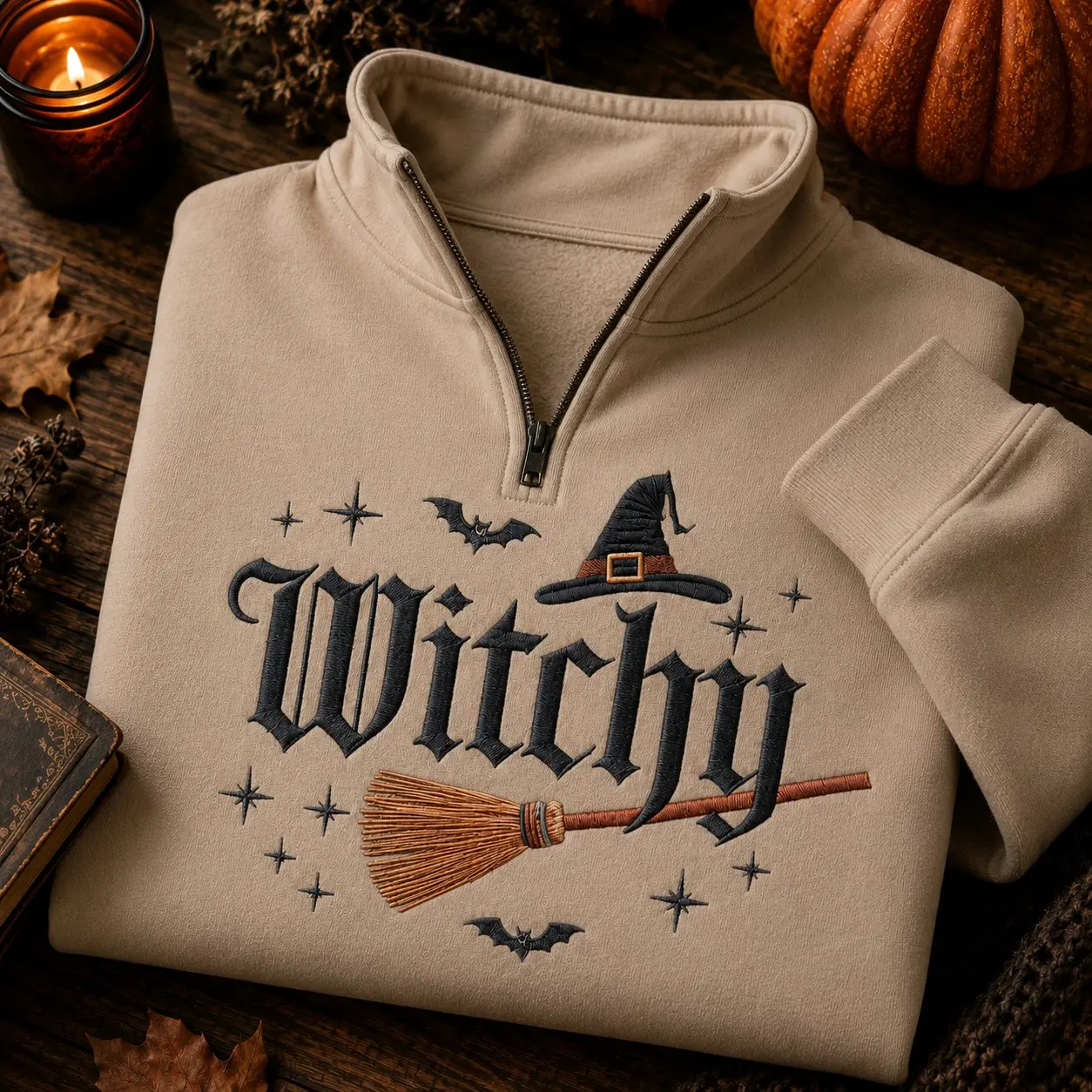Witchy Broomstick Hat Embroidery Women Zip Quater Sweatshirt for Halloween, Vintage Spooky Autumn Pullover Wiccan Gift