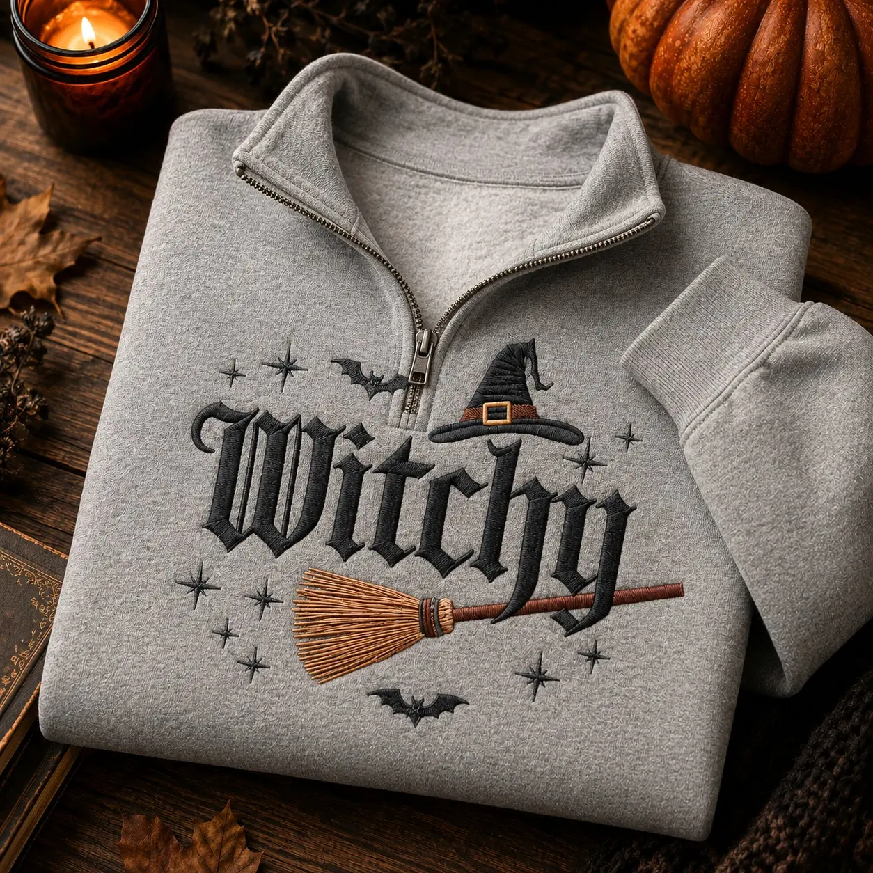 Witchy Broomstick Hat Embroidery Women Zip Quater Sweatshirt for Halloween, Vintage Spooky Autumn Pullover Wiccan Gift - photo 2