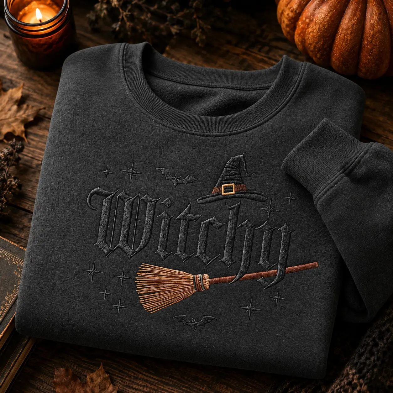 Witchy Broomstick Hat Embroidery Women Hoodie for Halloween, Vintage Spooky Autumn Pullover Wiccan Gift - photo 2