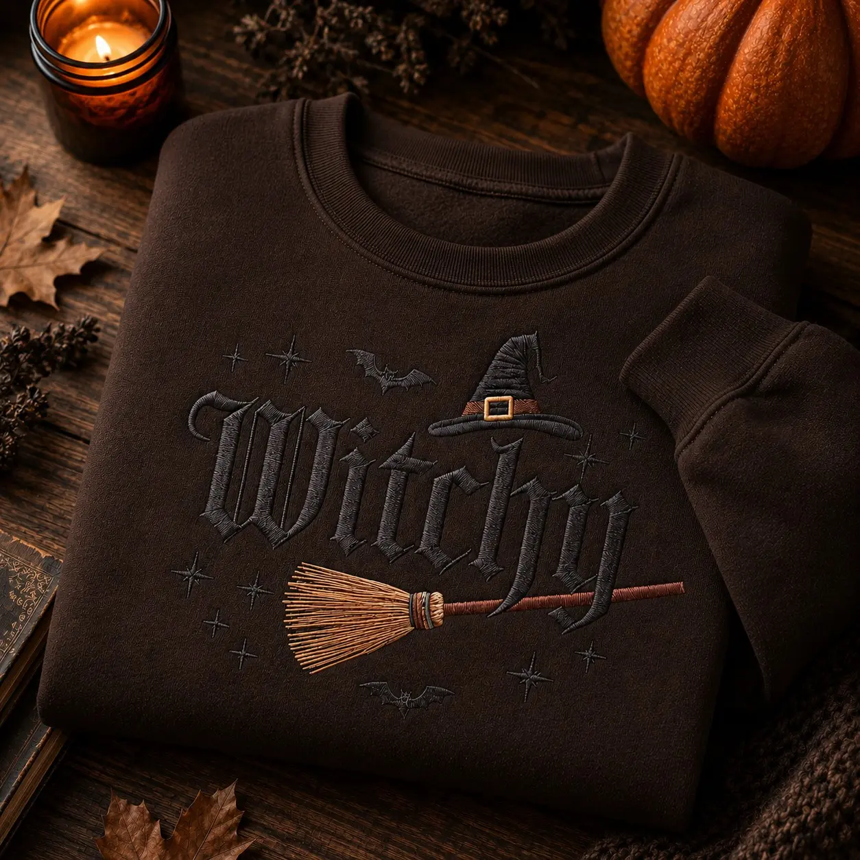 Witchy Broomstick Hat Embroidery Women Hoodie for Halloween, Vintage Spooky Autumn Pullover Wiccan Gift - photo 3