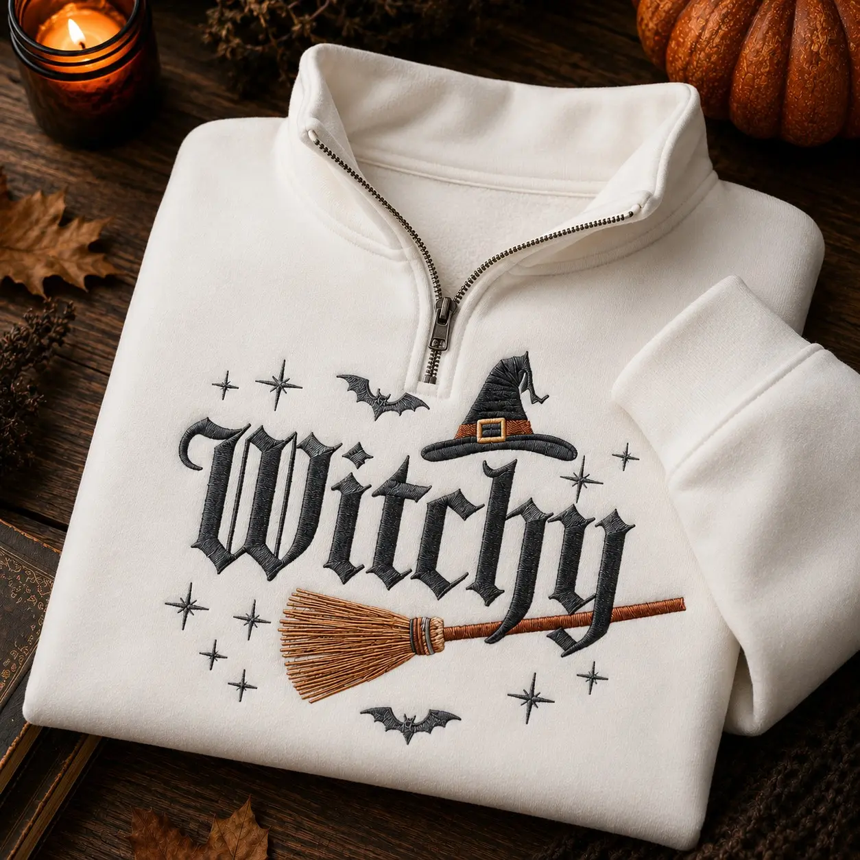 Witchy Broomstick Hat Embroidery Women Zip Quater Sweatshirt for Halloween, Vintage Spooky Autumn Pullover Wiccan Gift - photo 3