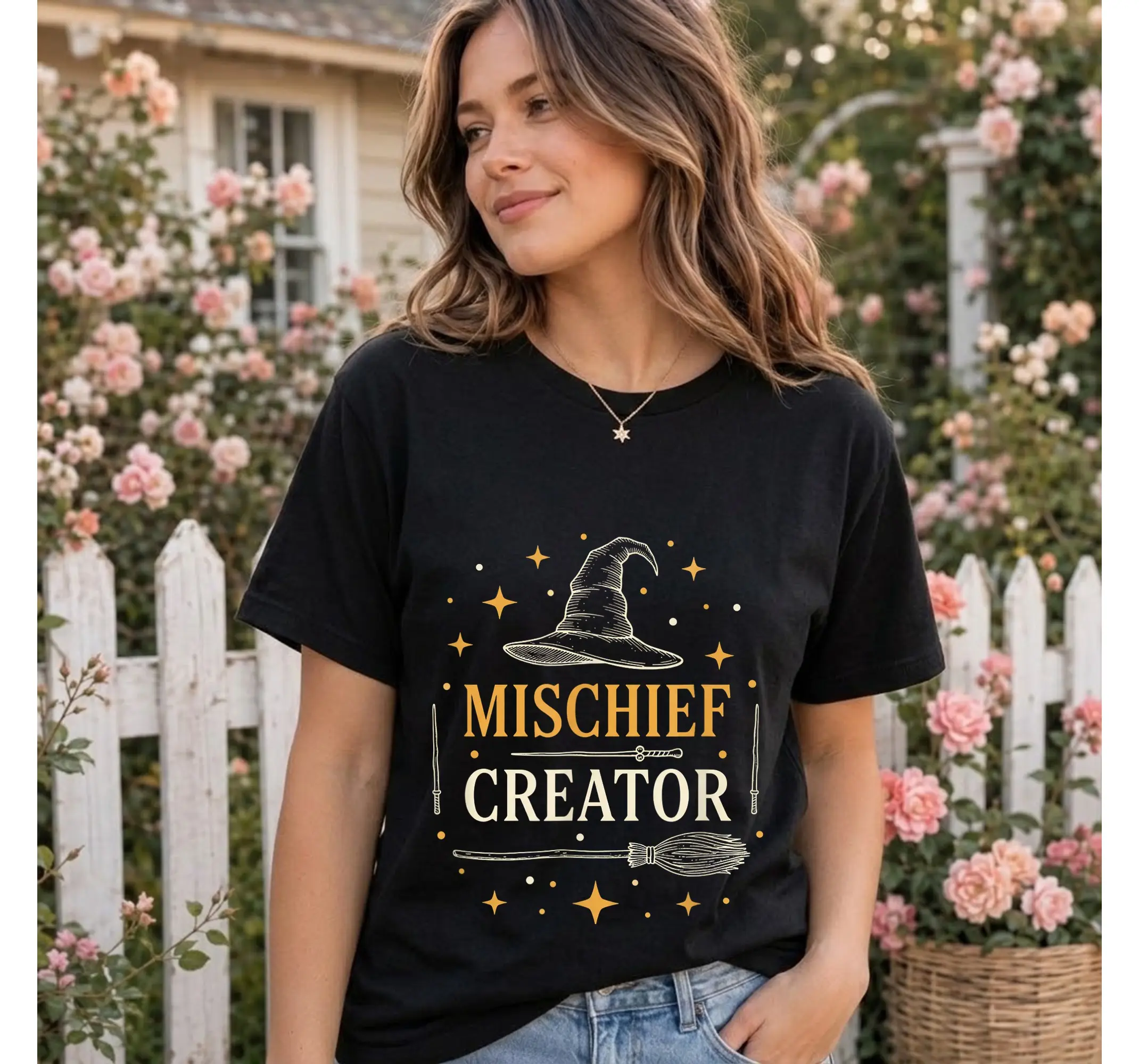 Wizard Mischief Maker Graphic Tee, Magic Wand Witch Hat Fantasy T-Shirt