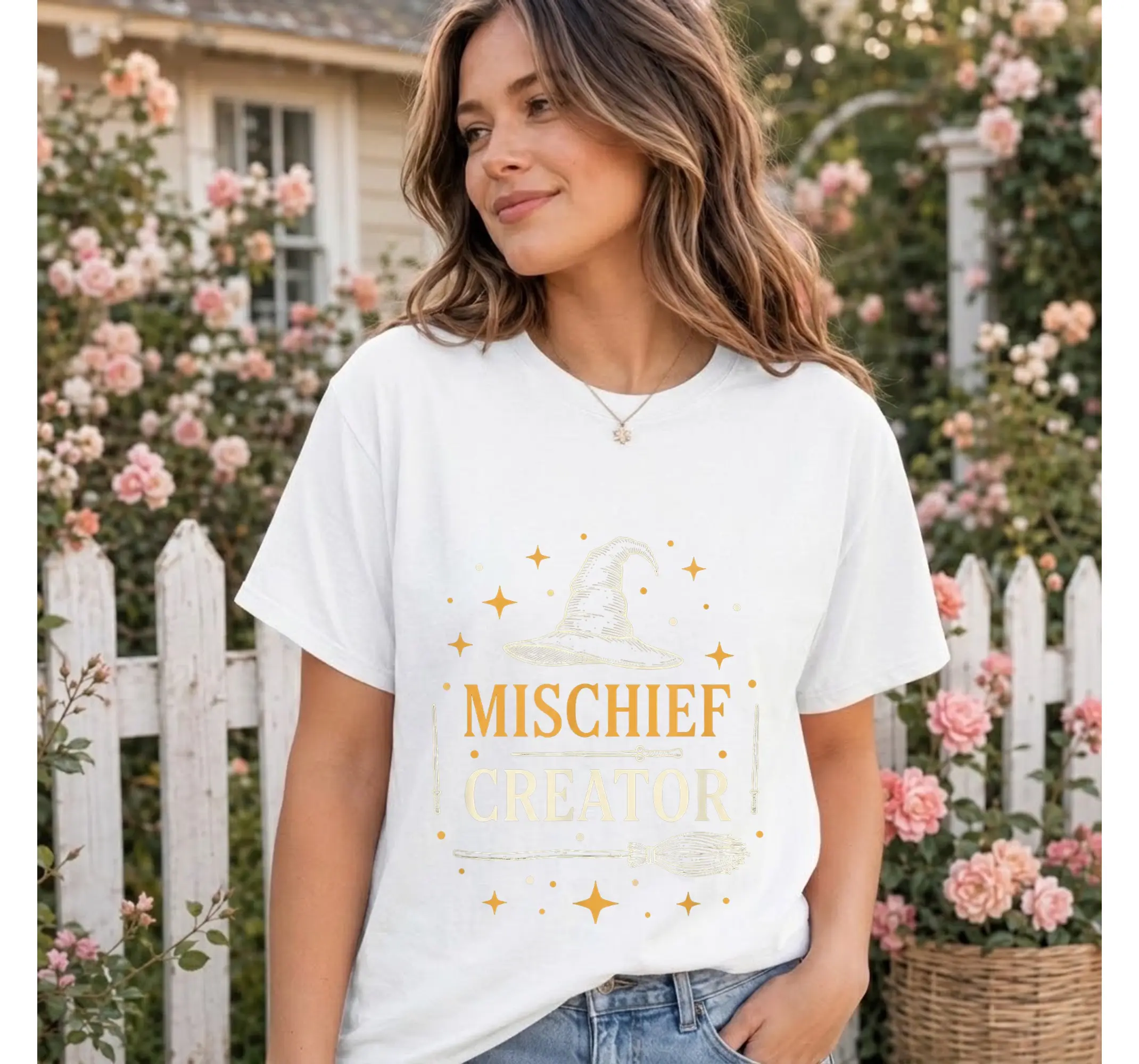 Wizard Mischief Maker Graphic Tee, Magic Wand Witch Hat Fantasy T-Shirt - photo 2