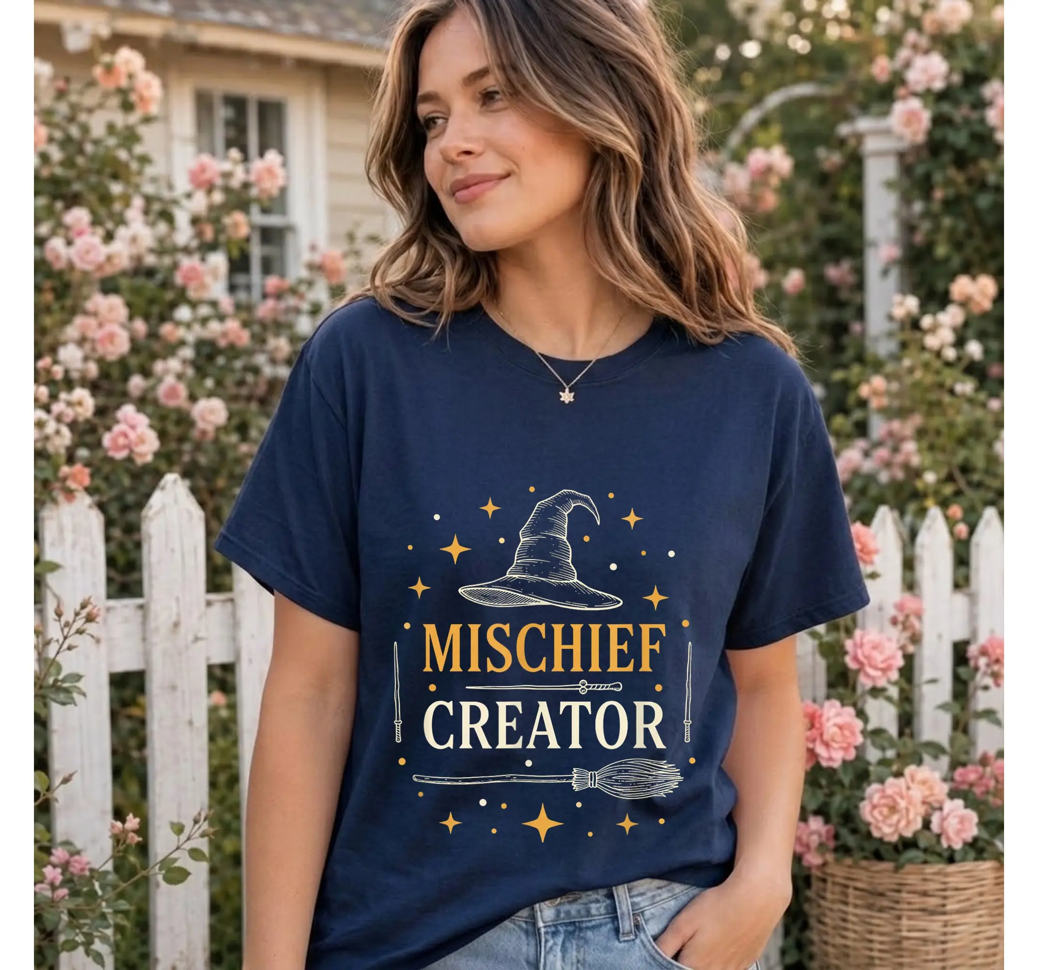 Wizard Mischief Maker Graphic Tee, Magic Wand Witch Hat Fantasy T-Shirt - photo 3