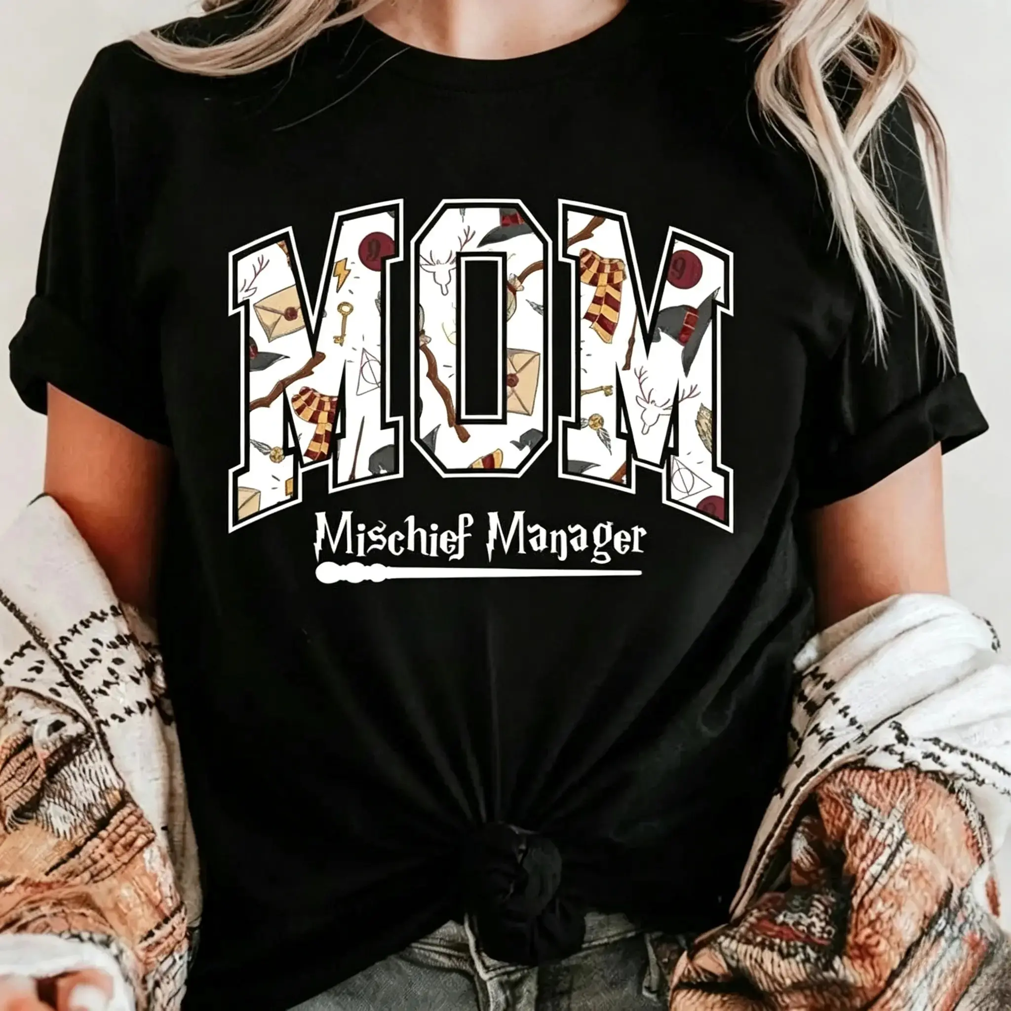Wizard Mom Graphic Comfor colors T-Shirt, Magic Mama Tee, Mischief Manager Shirt, Halloween Park Casual Top