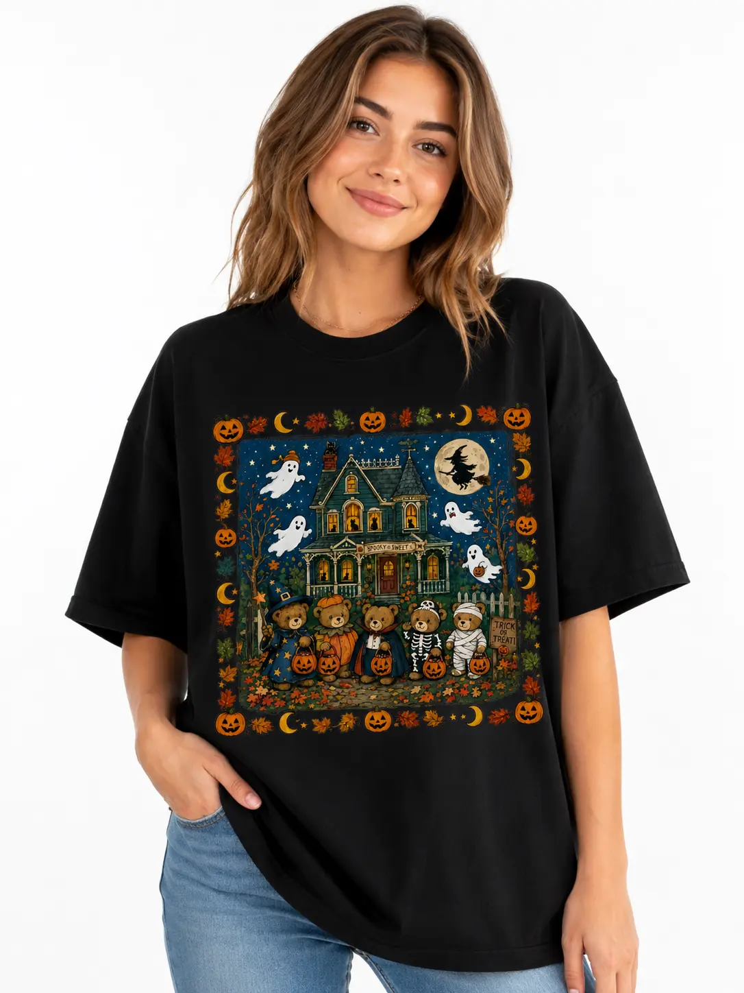 Comfort Colors 90s Halloween Bear T-Shirt, Cotton Round Neck Short Sleeve Casual Streetwear Tee for Women