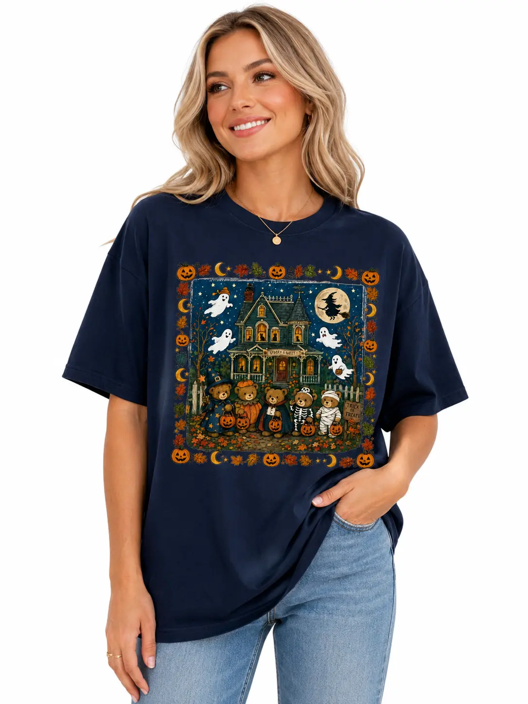 Comfort Colors 90s Halloween Bear T-Shirt, Cotton Round Neck Short Sleeve Casual Streetwear Tee for Women - photo 2