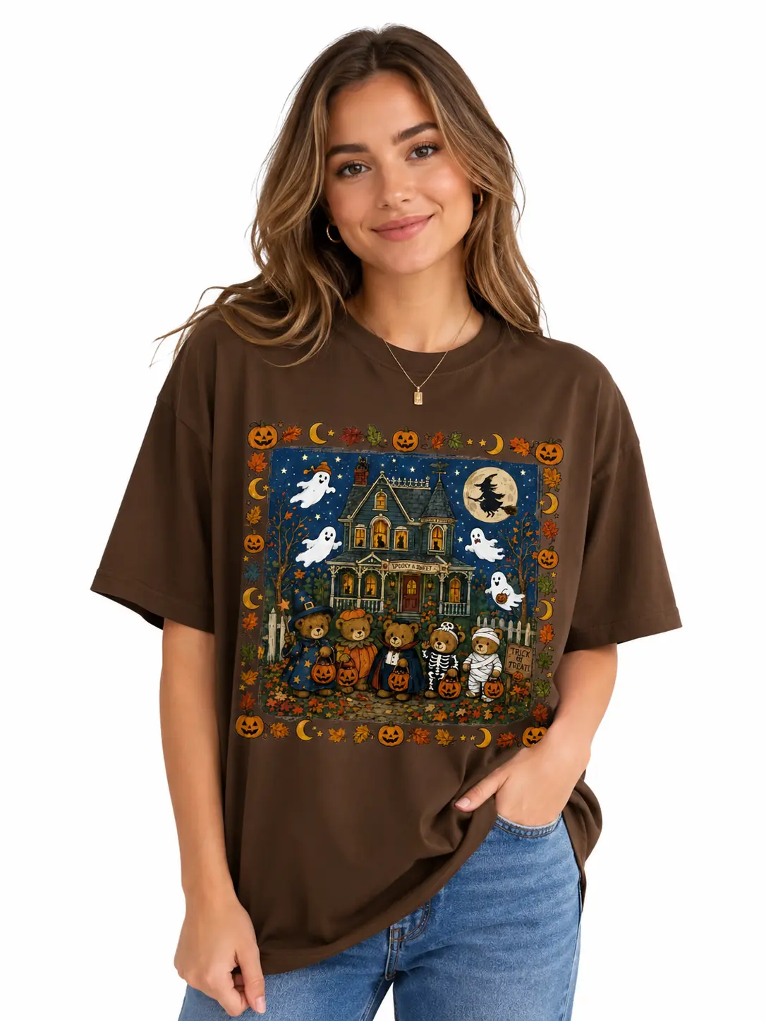 Comfort Colors 90s Halloween Bear T-Shirt, Cotton Round Neck Short Sleeve Casual Streetwear Tee for Women - photo 3