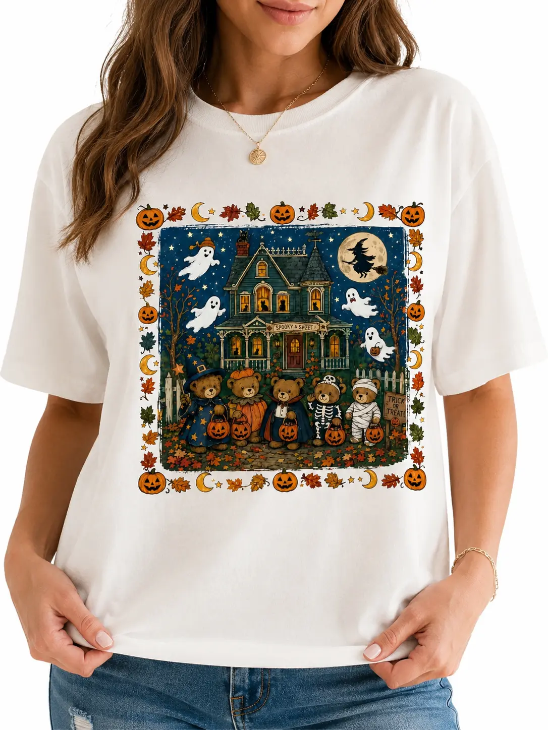 Comfort Colors 90s Halloween Bear T-Shirt, Cotton Round Neck Short Sleeve Casual Streetwear Tee for Women - photo 4