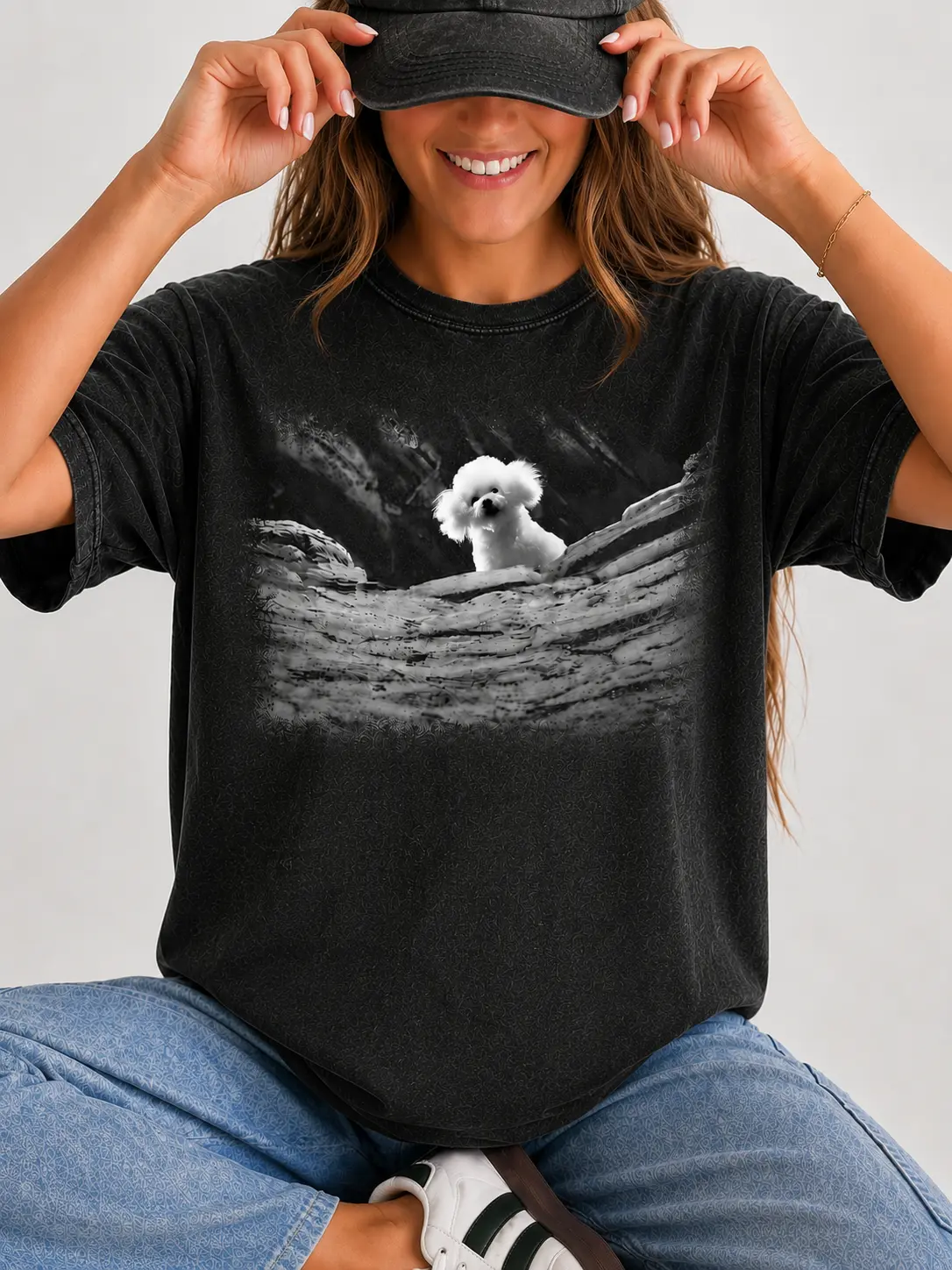 Creepy Cute Puppy Graphic T-Shirt, Spooky Dog Lover Gift, Casual Cotton Blend Short Sleeve Tee for Women