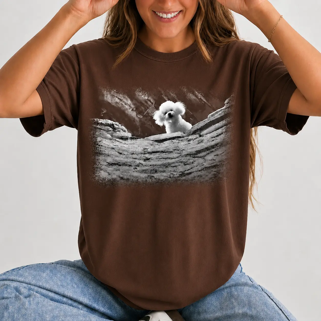 Creepy Cute Puppy Graphic T-Shirt, Spooky Dog Lover Gift, Casual Cotton Blend Short Sleeve Tee for Women - photo 2
