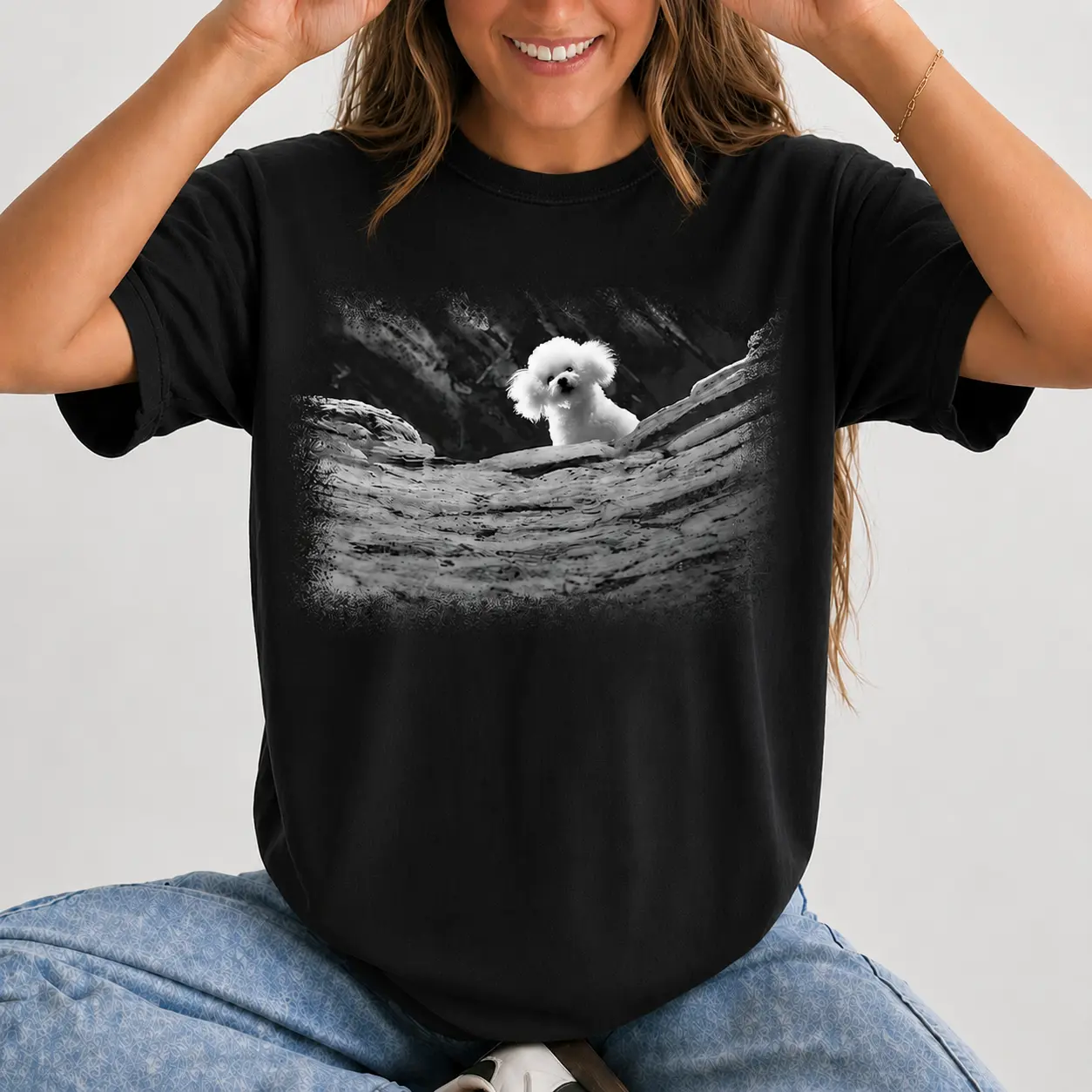 Creepy Cute Puppy Graphic T-Shirt, Spooky Dog Lover Gift, Casual Cotton Blend Short Sleeve Tee for Women - photo 4