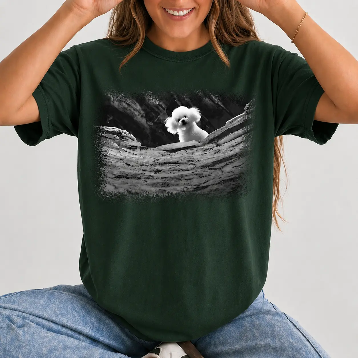 Creepy Cute Puppy Graphic T-Shirt, Spooky Dog Lover Gift, Casual Cotton Blend Short Sleeve Tee for Women - photo 5