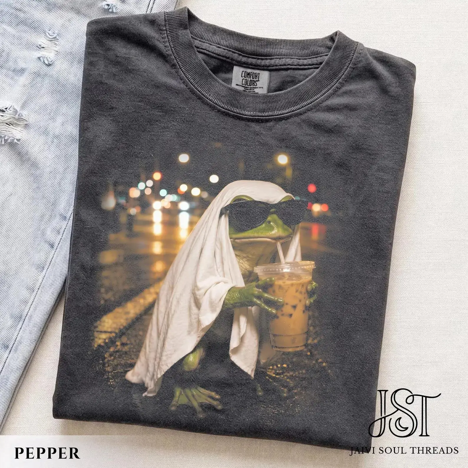 Comfort Colors Cartoon Frog Ghost Toad T-Shirt, Casual Cotton Round Neck Short Sleeve Loose Fit Tee
