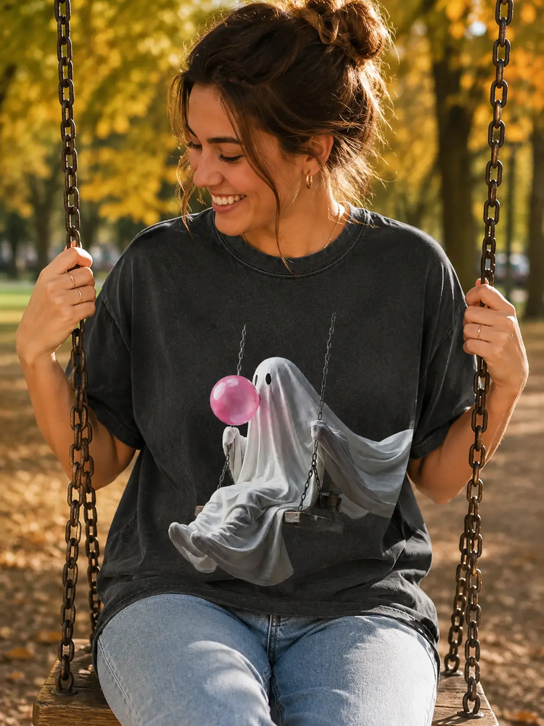 Women's Casual Cotton Short Sleeve Graphic Tee, Funny Chicken Iced Coffee Cozy Fall Ghost Shirt, Sunflower Pumpkin Autumn Witch Top