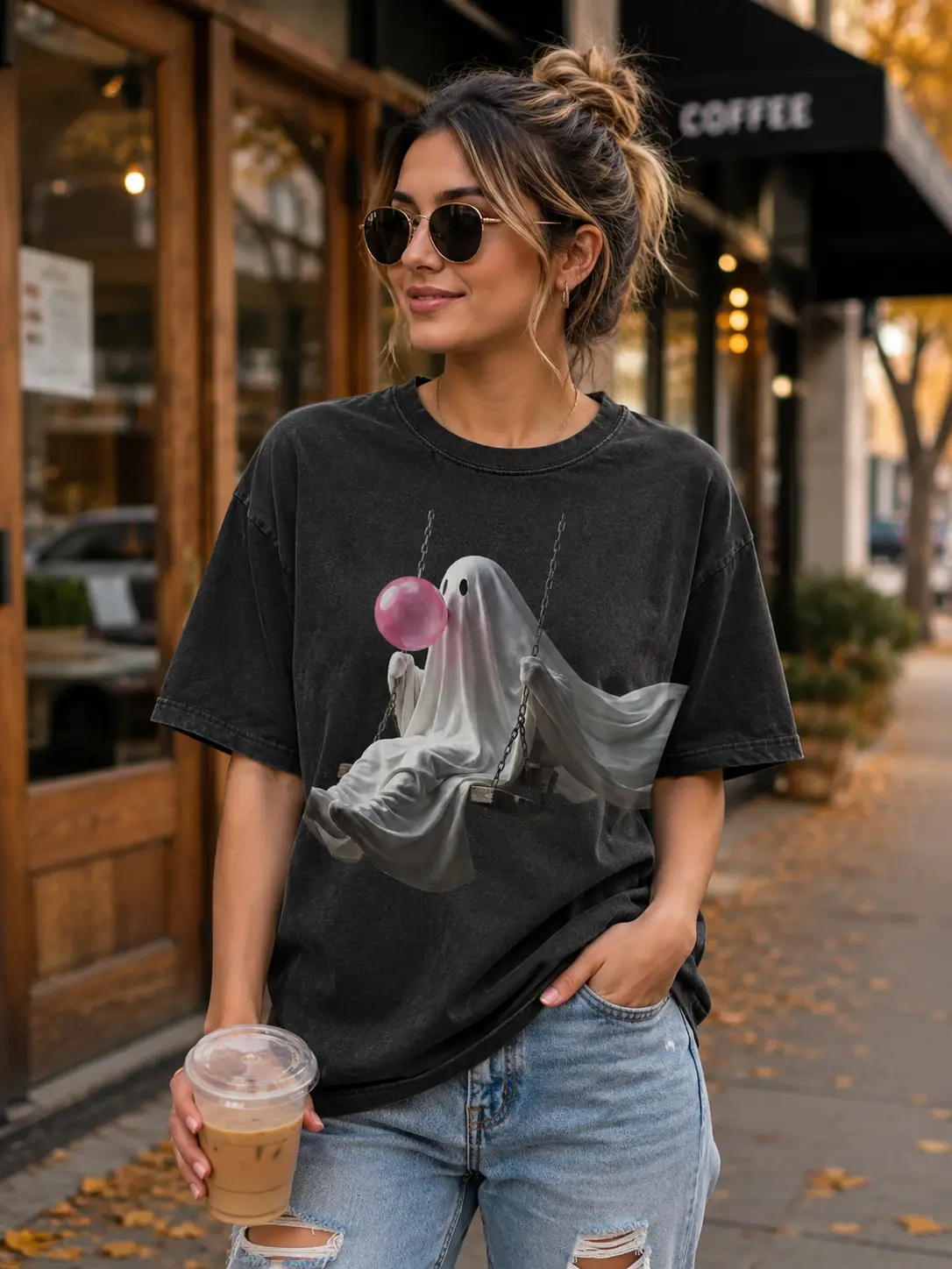 Women's Casual Cotton Short Sleeve Graphic Tee, Funny Chicken Iced Coffee Cozy Fall Ghost Shirt, Sunflower Pumpkin Autumn Witch Top - photo 3